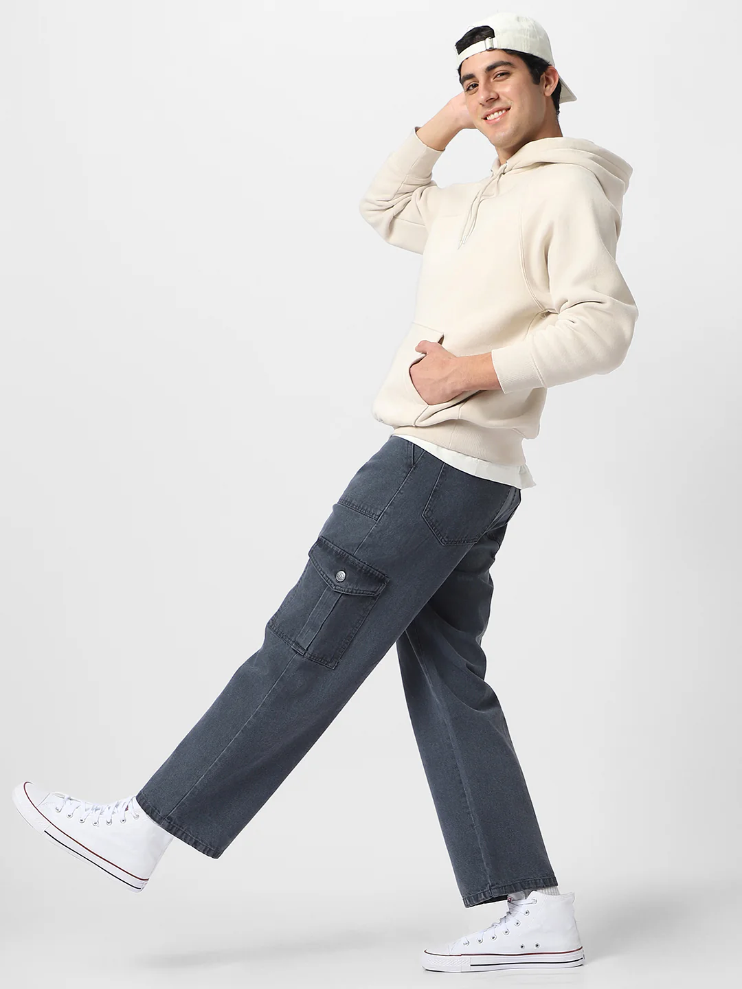 Men's Grey Loose Fit Cargo Jeans with 6 Pockets Non-Stretchable - Image 4