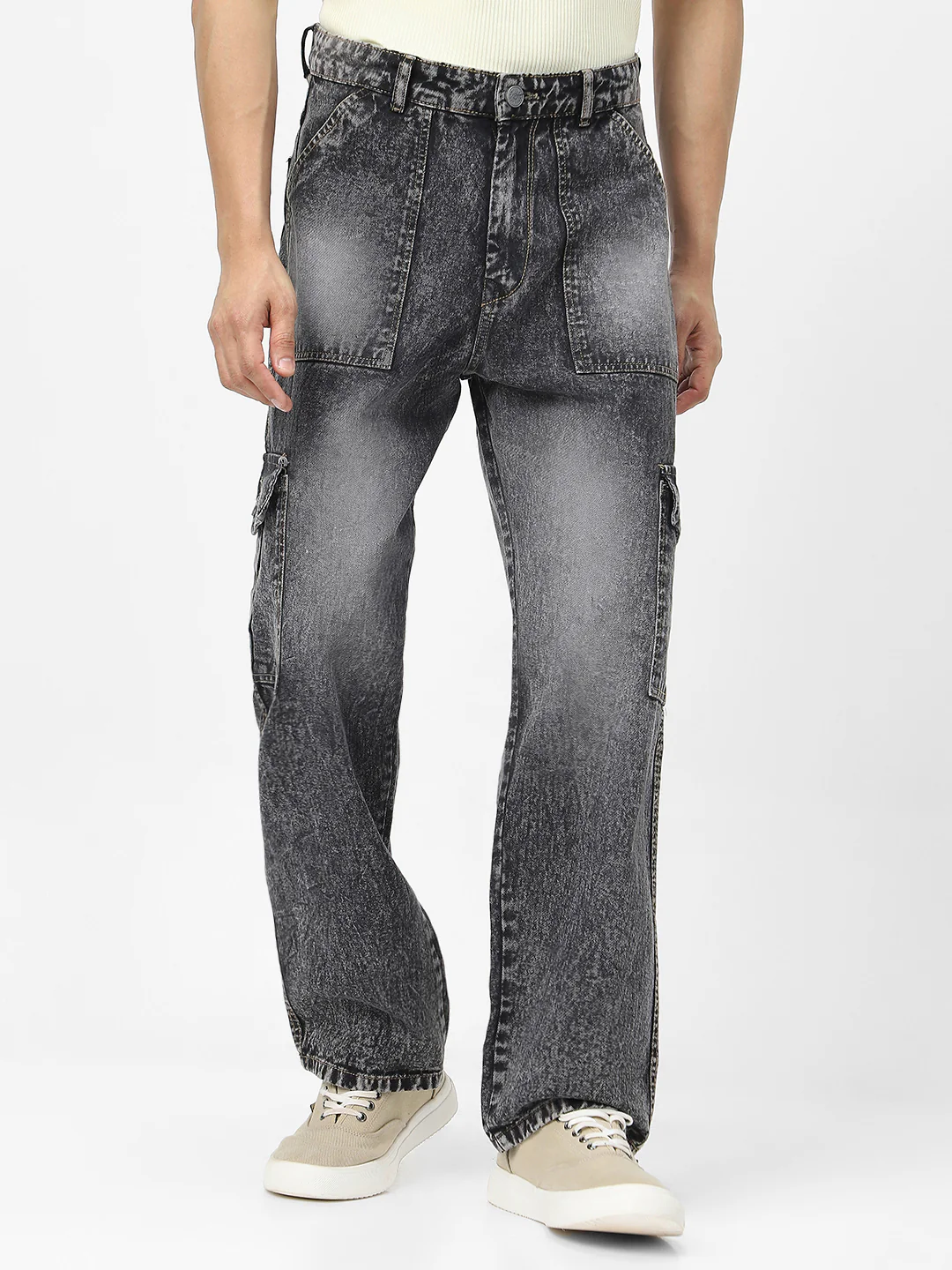 Men's Grey Loose Baggy Fit Washed Cargo Jeans with 6 Pockets Non-Stretchable - Image 2