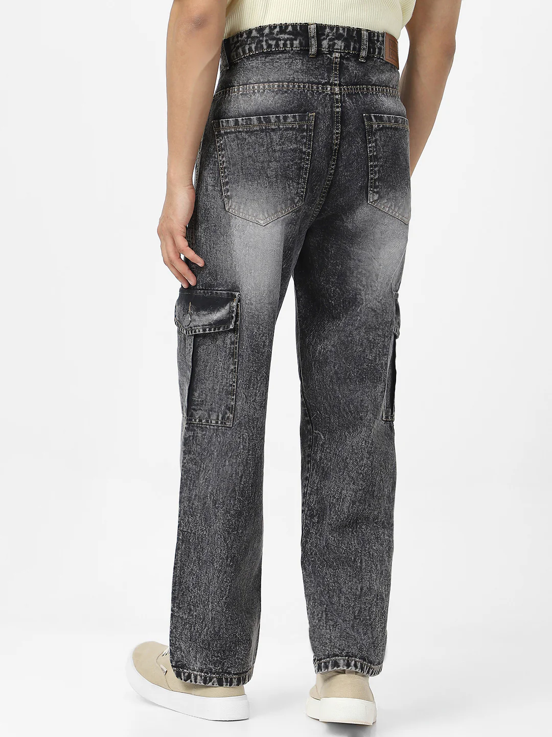 Men's Grey Loose Baggy Fit Washed Cargo Jeans with 6 Pockets Non-Stretchable - Image 3