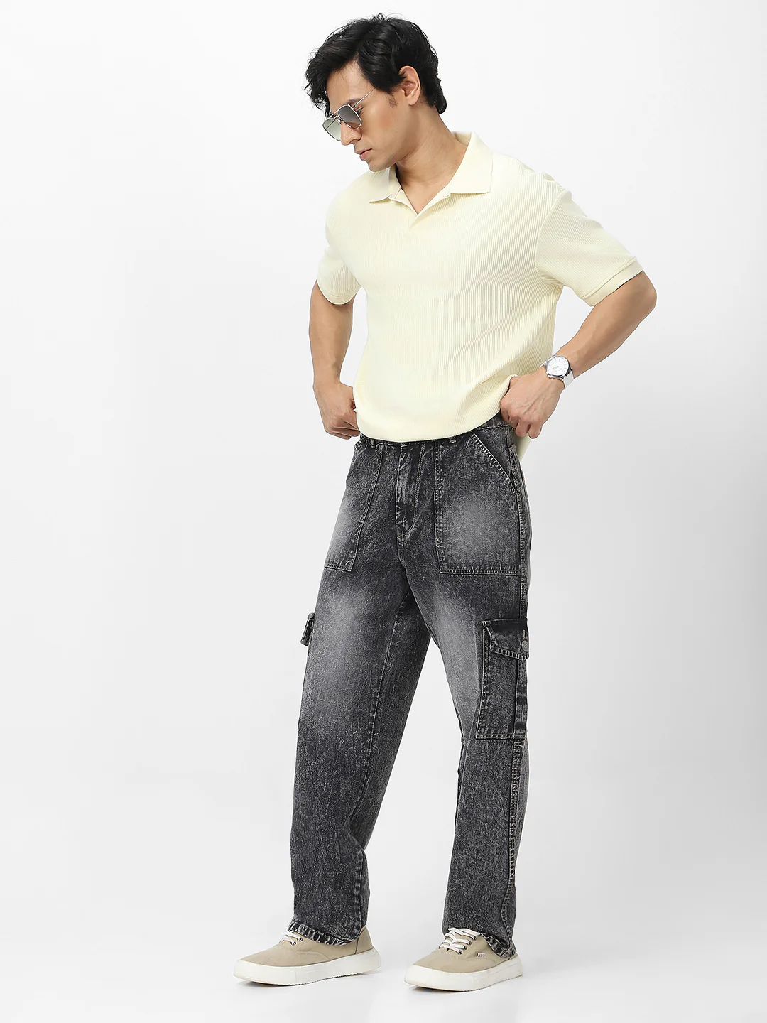 Men's Grey Loose Baggy Fit Washed Cargo Jeans with 6 Pockets Non-Stretchable - Image 4