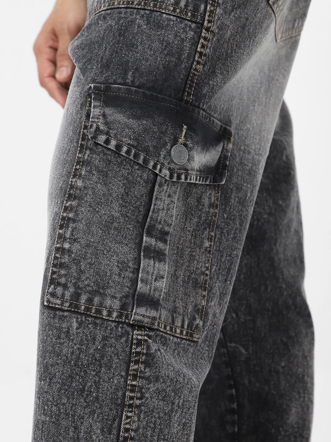 Men's Grey Loose Baggy Fit Washed Cargo Jeans with 6 Pockets Non-Stretchable - Image 5