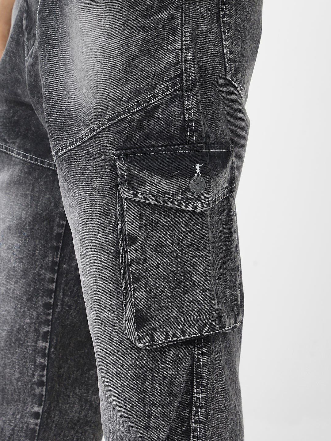 Men's Grey Loose Baggy Fit Washed Cargo Jeans with 7 Pockets Non-Stretchable - Image 5