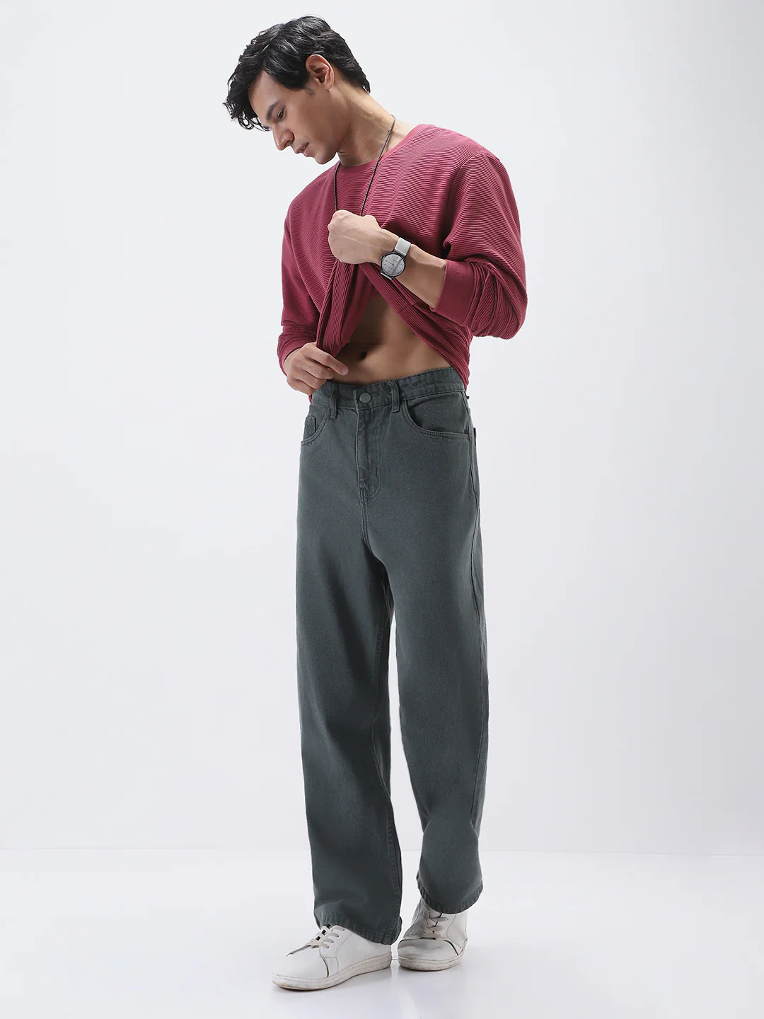 Men's Grey Loose Fit Washed Jeans Non-Stretchable - Image 4