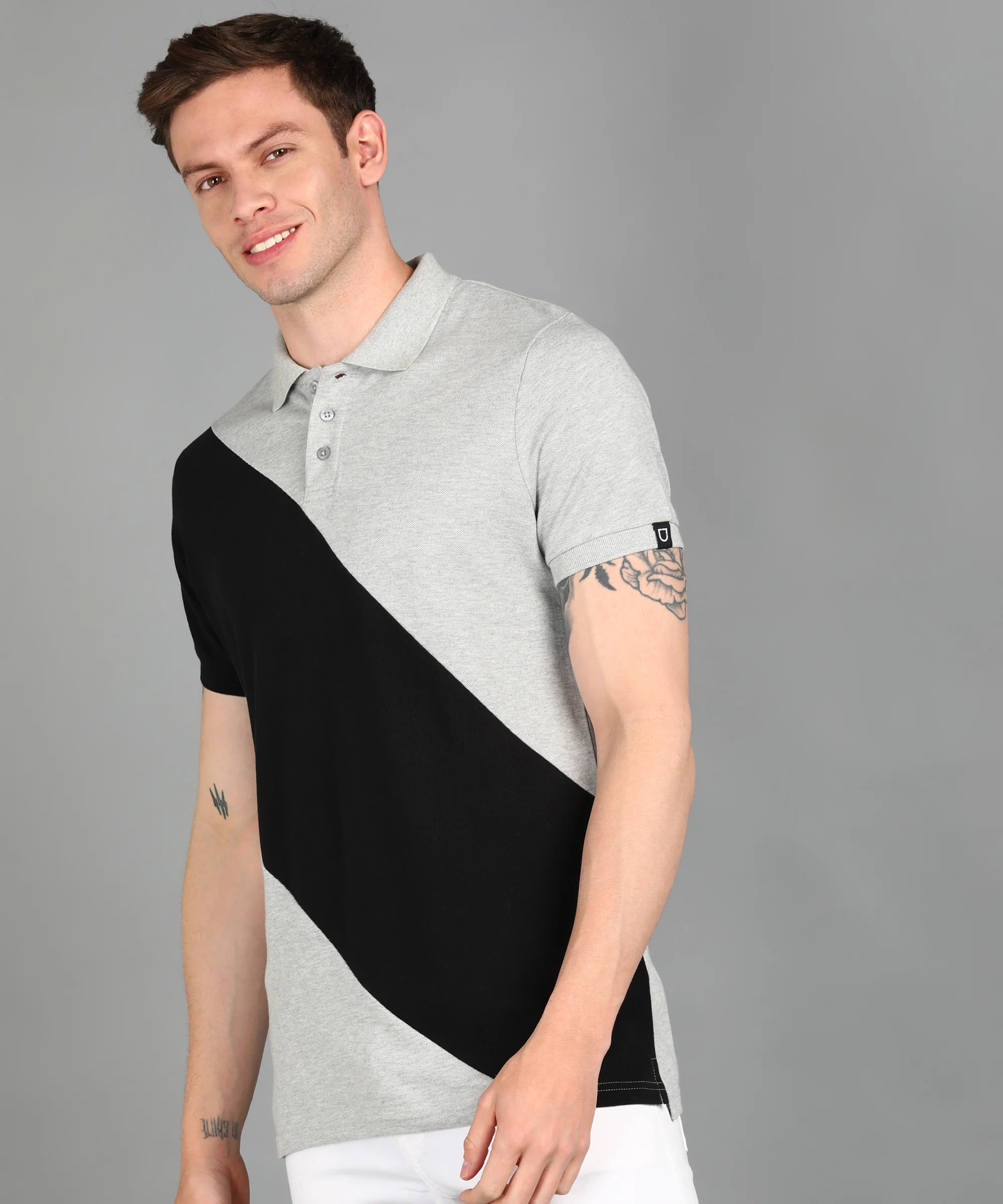 Men's Grey Melange, Black Colour-Block Slim Fit Half Sleeve Cotton Polo T-Shirt - Image 2