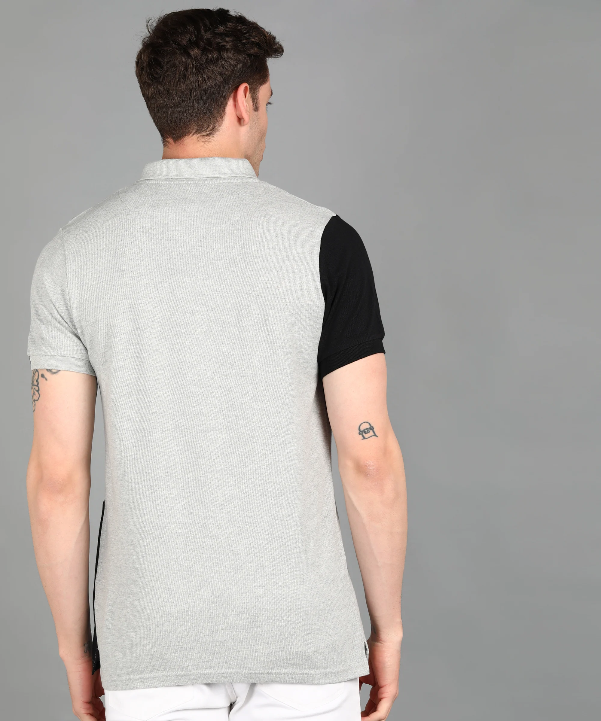 Men's Grey Melange, Black Colour-Block Slim Fit Half Sleeve Cotton Polo T-Shirt - Image 3