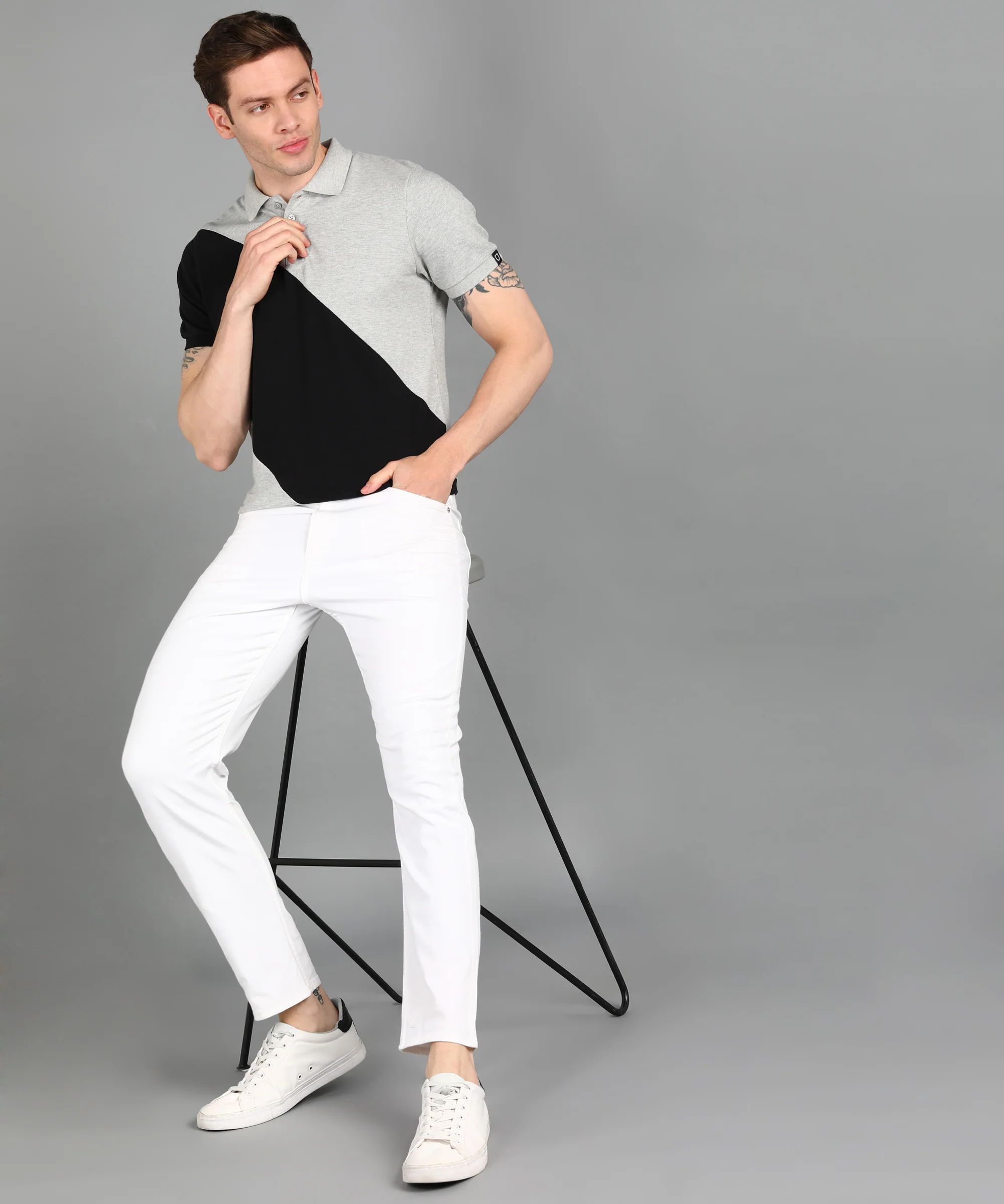 Men's Grey Melange, Black Colour-Block Slim Fit Half Sleeve Cotton Polo T-Shirt - Image 4