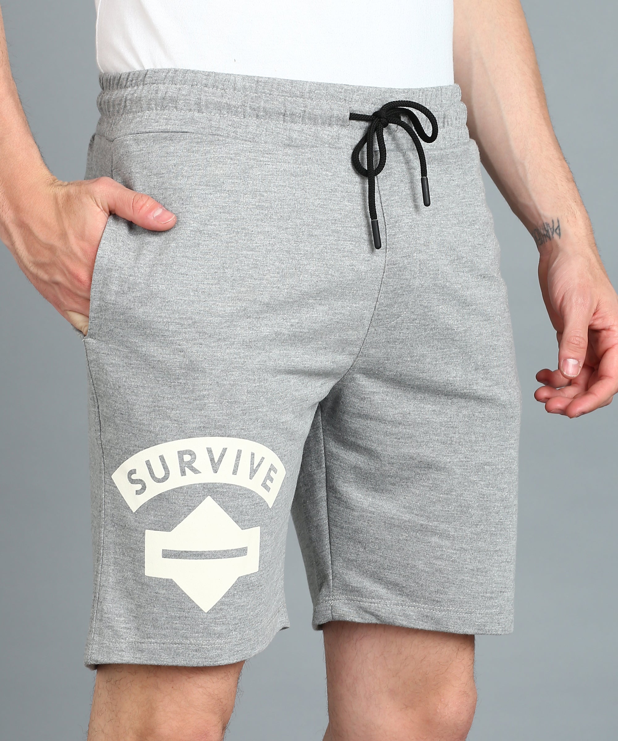 Men's Grey Melange Cotton Printed Regular Shorts Stretchable - Image 5