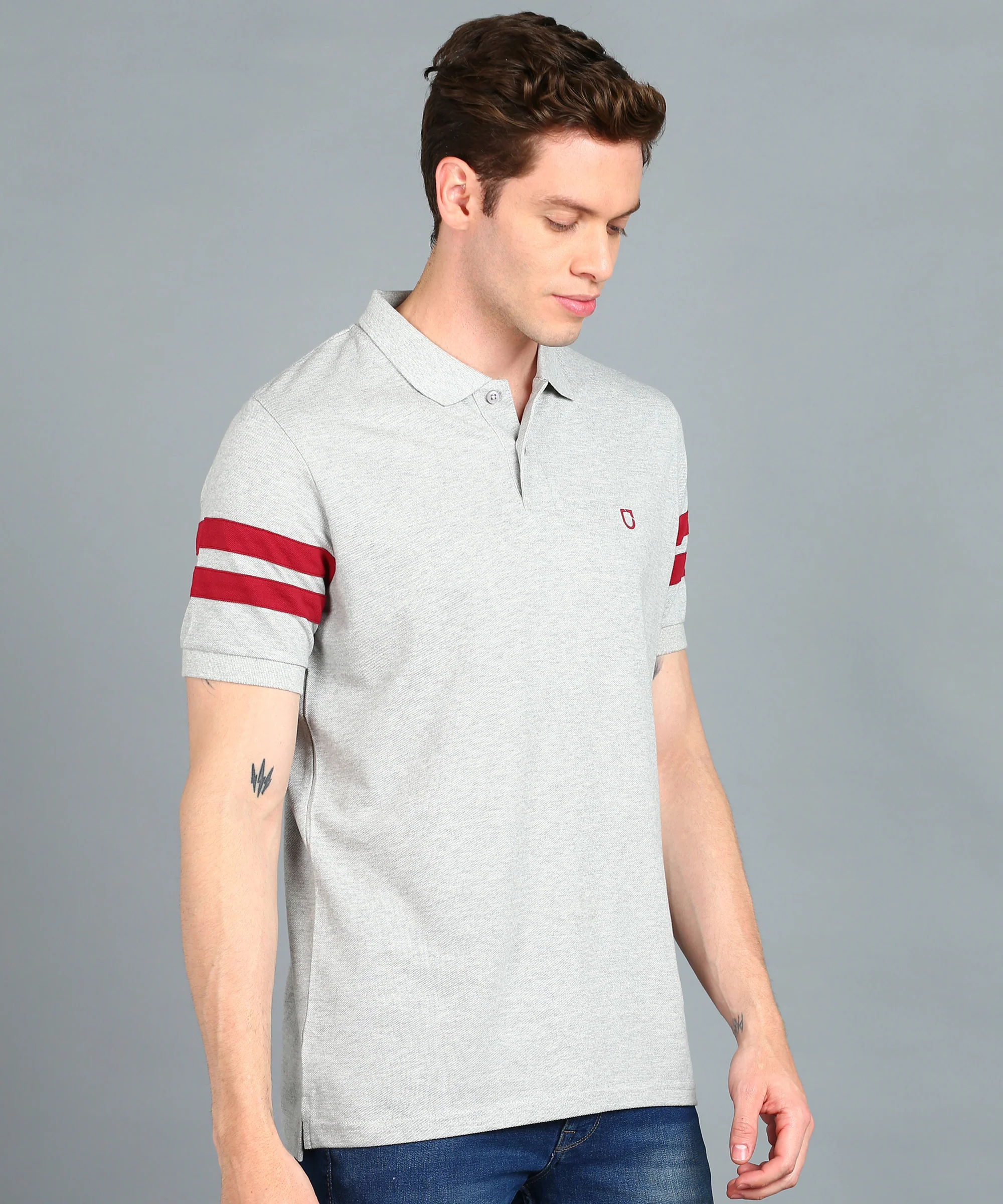 Men's Grey Melange, Maroon Colour-Block Slim Fit Half Sleeve Cotton Polo T-Shirt - Image 2