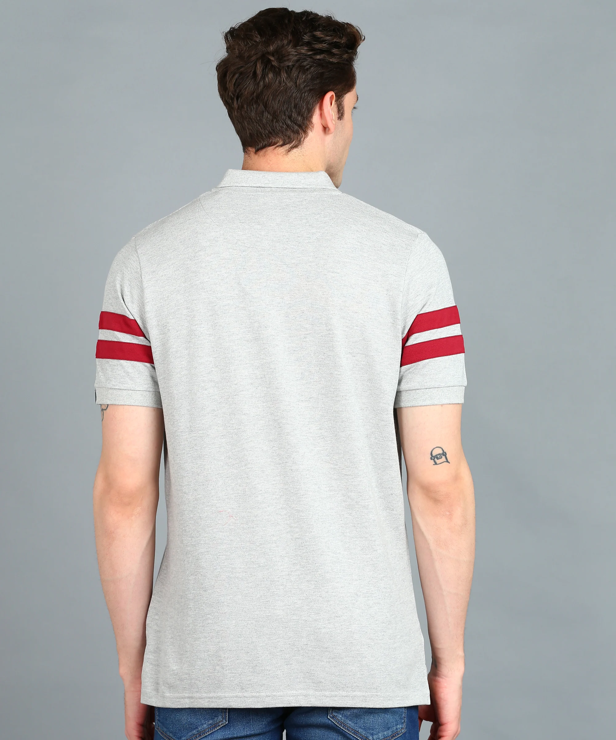 Men's Grey Melange, Maroon Colour-Block Slim Fit Half Sleeve Cotton Polo T-Shirt - Image 3