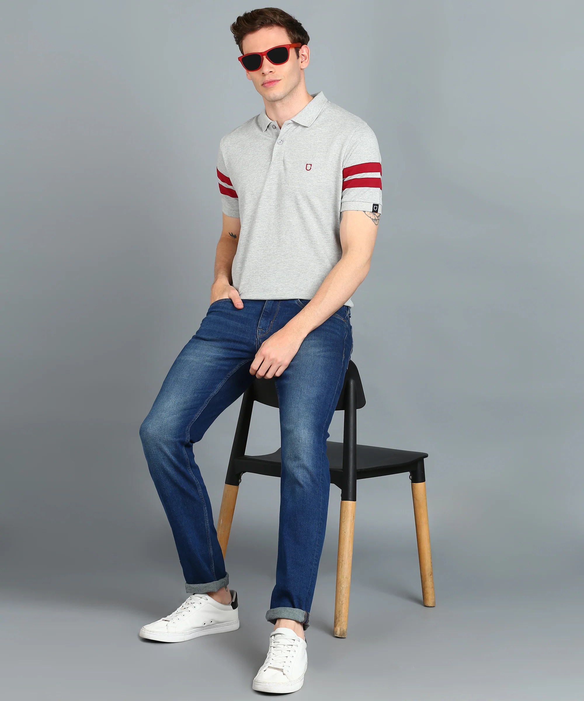 Men's Grey Melange, Maroon Colour-Block Slim Fit Half Sleeve Cotton Polo T-Shirt - Image 4
