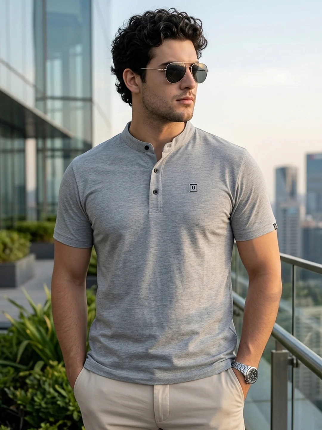 Men's Grey Melange Solid Mandarin Collar Slim Fit Half Sleeve Cotton T-Shirt