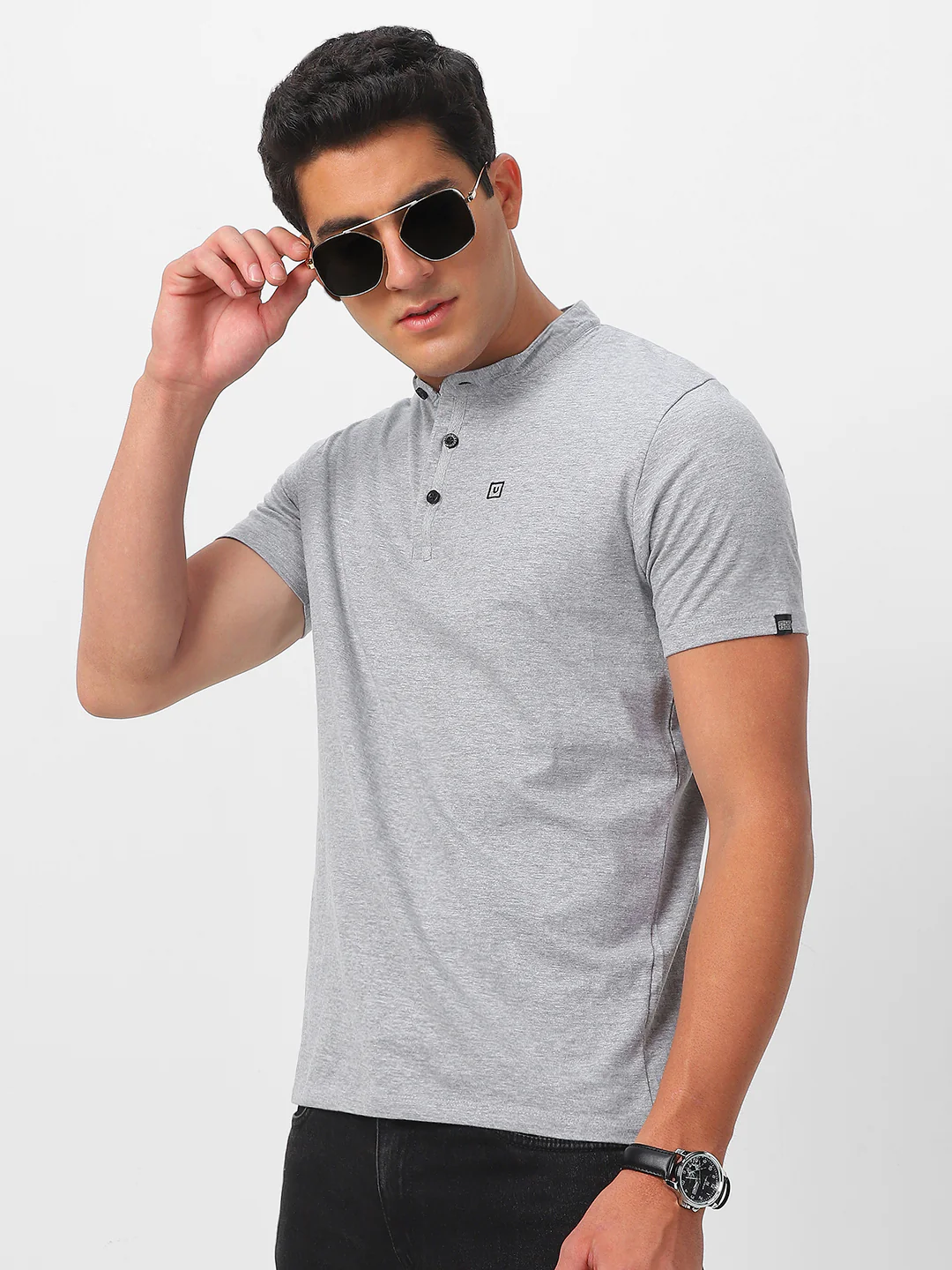Men's Grey Melange Solid Mandarin Collar Slim Fit Half Sleeve Cotton T-Shirt - Image 2