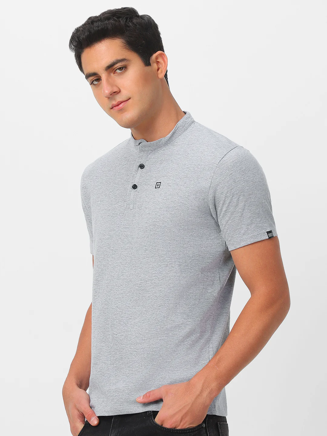 Men's Grey Melange Solid Mandarin Collar Slim Fit Half Sleeve Cotton T-Shirt - Image 3