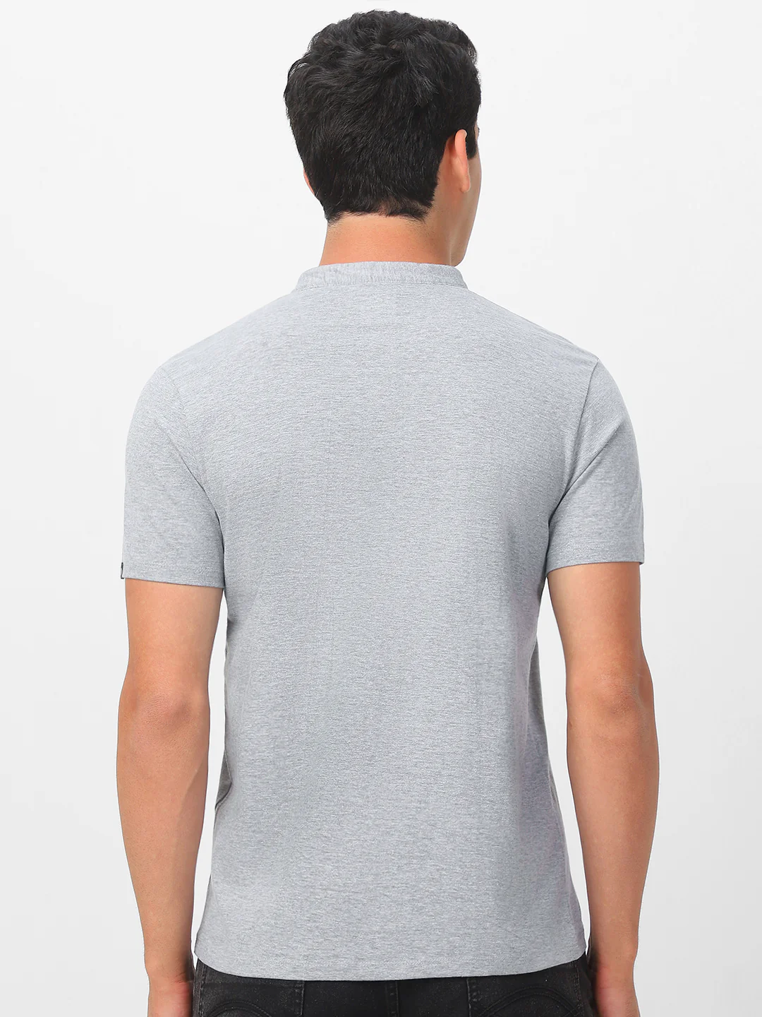 Men's Grey Melange Solid Mandarin Collar Slim Fit Half Sleeve Cotton T-Shirt - Image 4