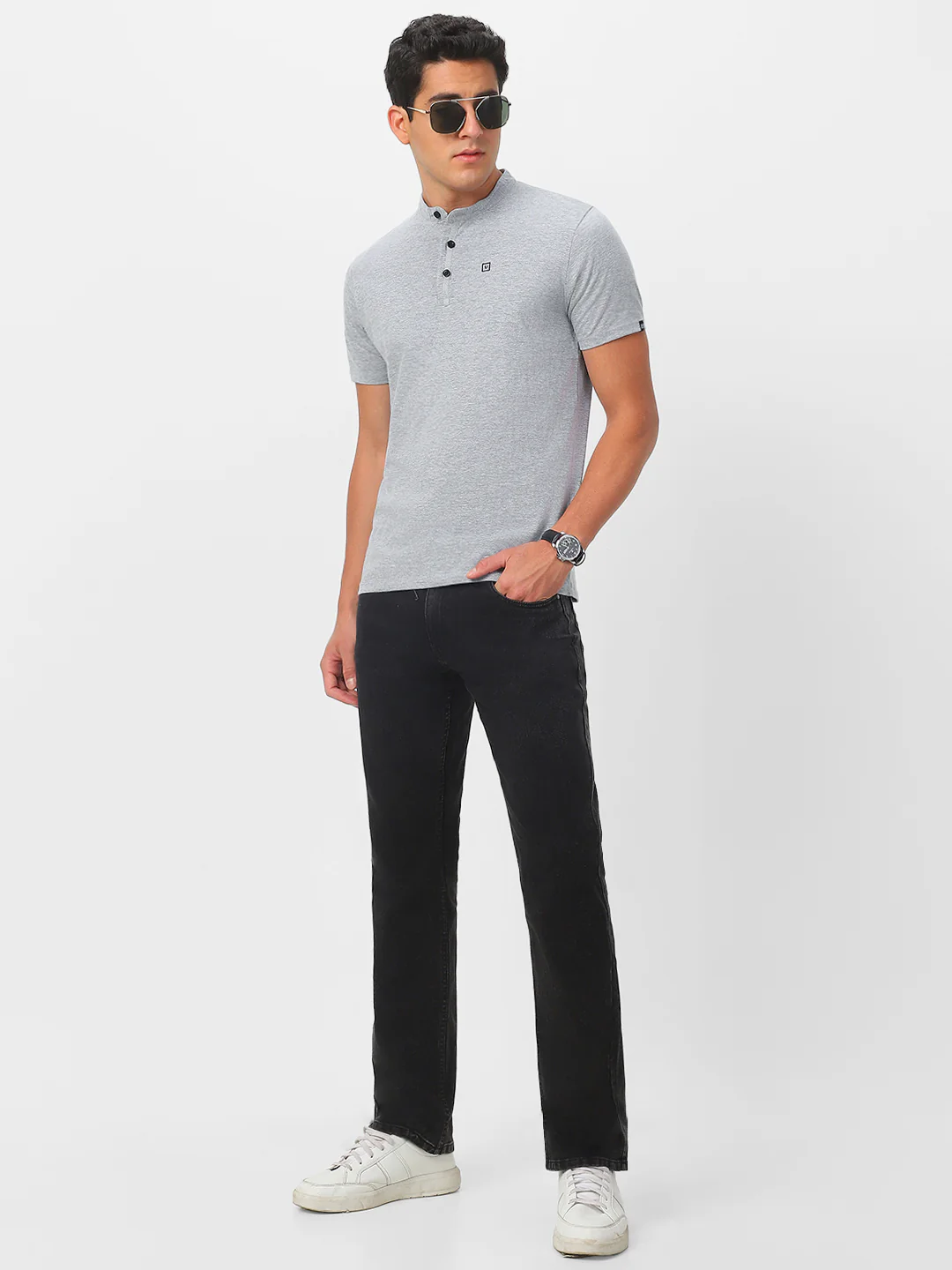 Men's Grey Melange Solid Mandarin Collar Slim Fit Half Sleeve Cotton T-Shirt - Image 5