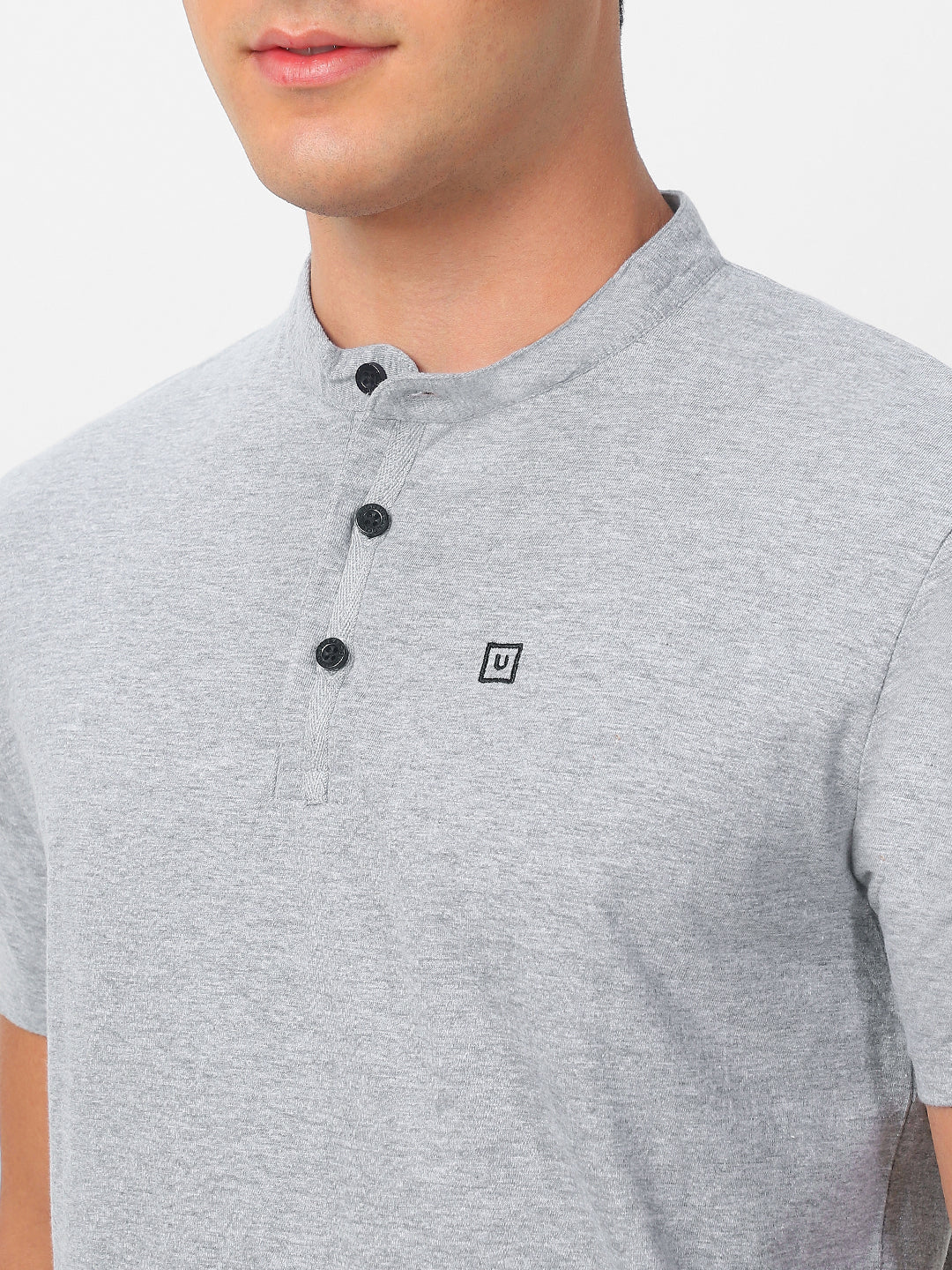 Men's Grey Melange Solid Mandarin Collar Slim Fit Half Sleeve Cotton T-Shirt - Image 6