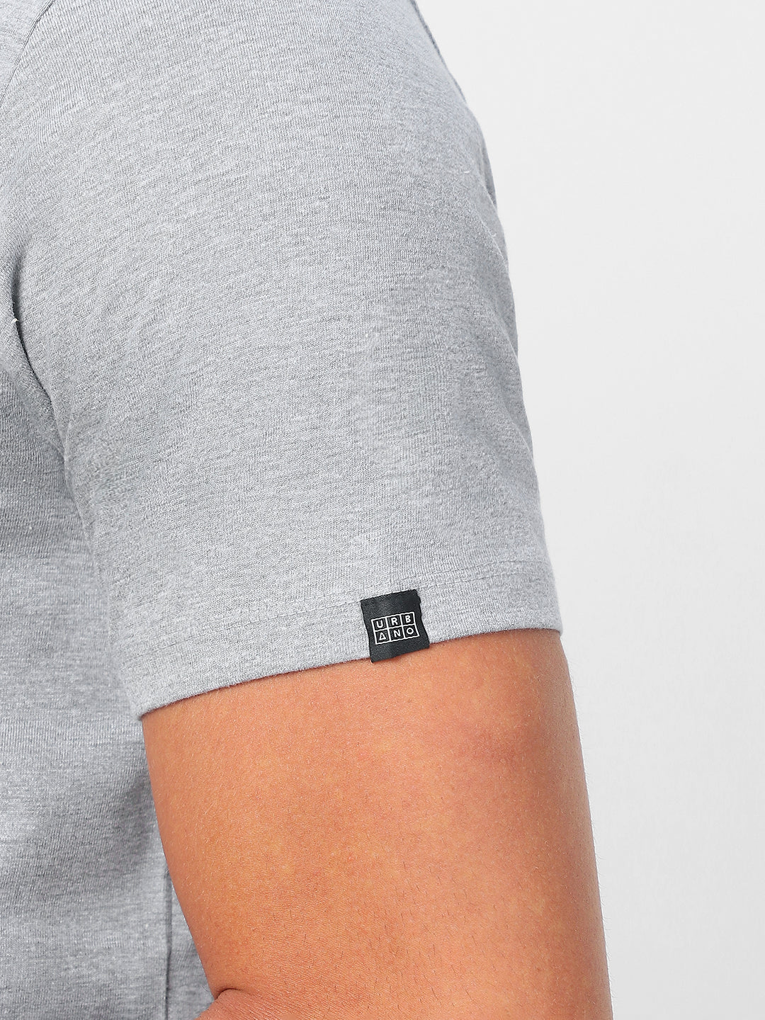 Men's Grey Melange Solid Mandarin Collar Slim Fit Half Sleeve Cotton T-Shirt - Image 7