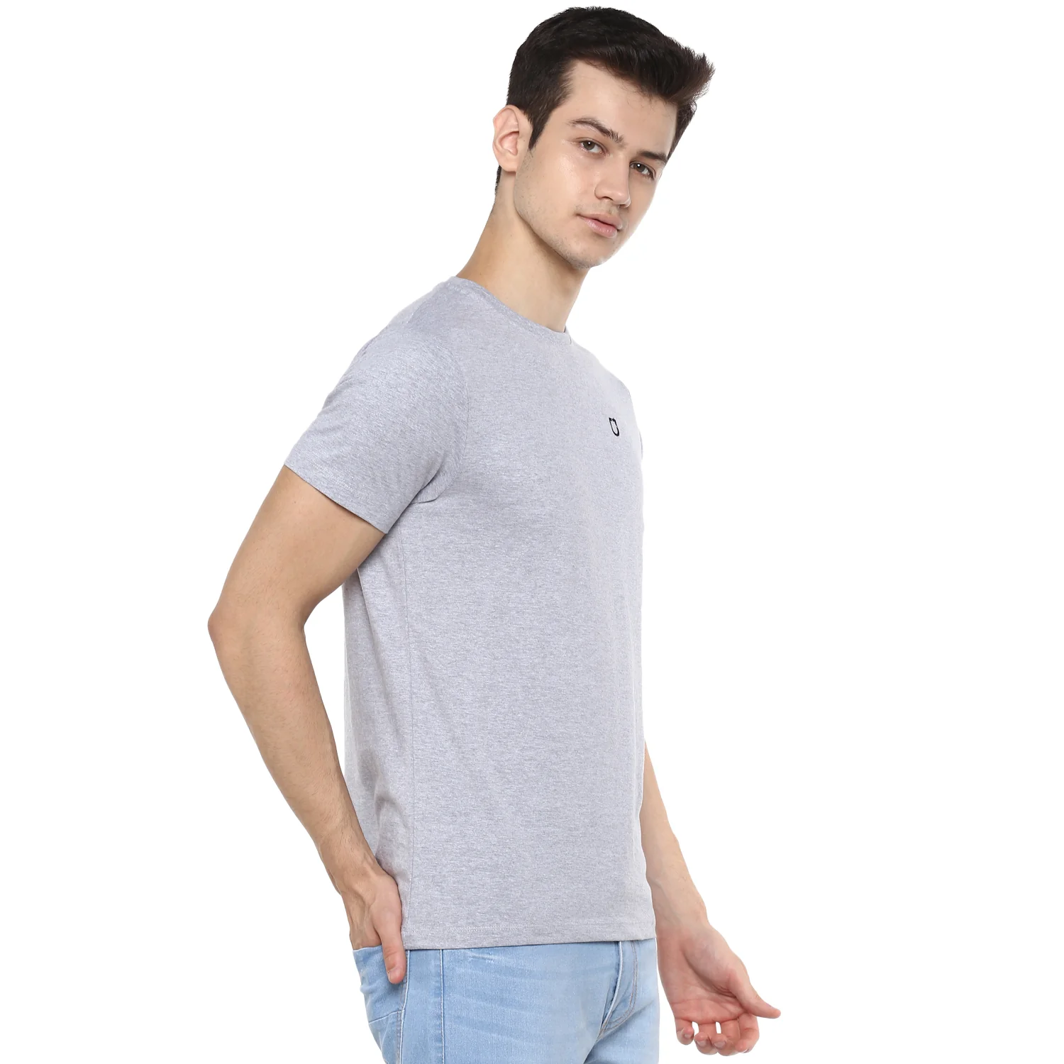 Men's Grey Melange Solid Slim Fit Round Neck Cotton T-Shirt - Image 2