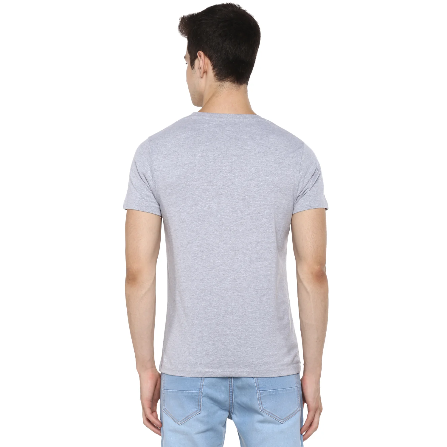 Men's Grey Melange Solid Slim Fit Round Neck Cotton T-Shirt - Image 3