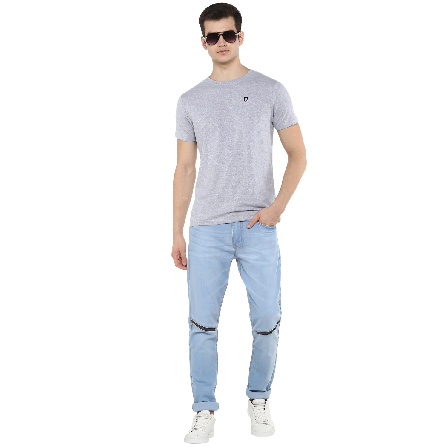 Men's Grey Melange Solid Slim Fit Round Neck Cotton T-Shirt - Image 4