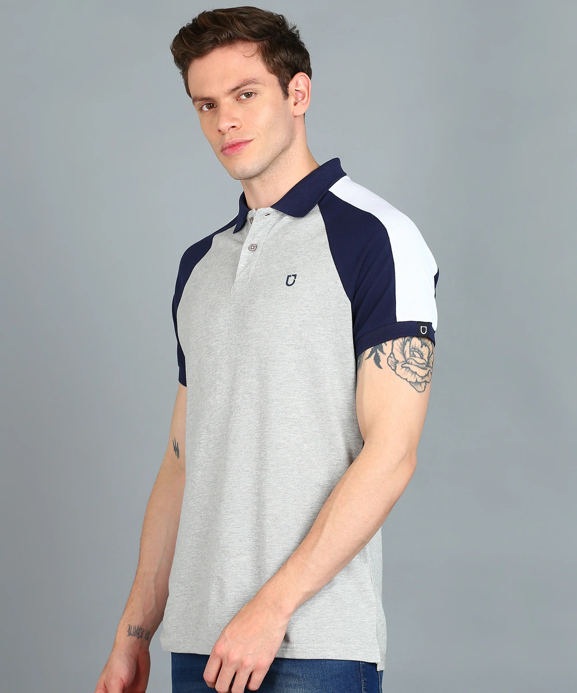 Men's Grey Melange, White, Navy Blue Colour-Block Slim Fit Half Sleeve Cotton Polo T-Shirt - Image 2