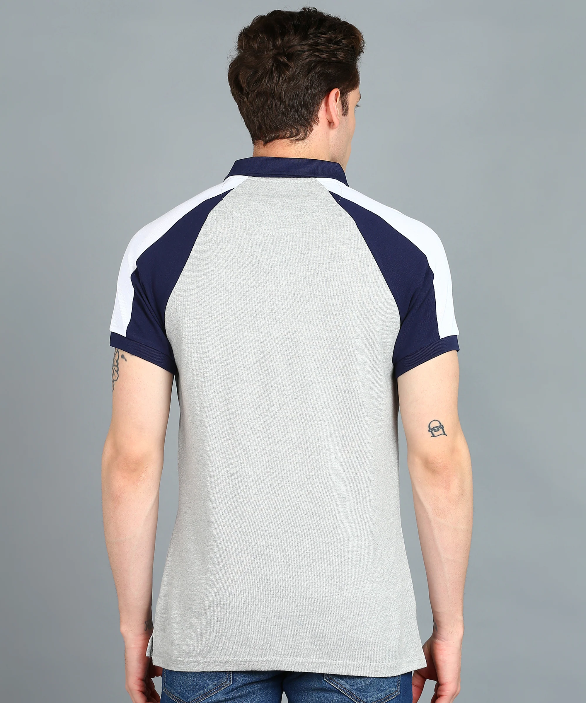 Men's Grey Melange, White, Navy Blue Colour-Block Slim Fit Half Sleeve Cotton Polo T-Shirt - Image 3