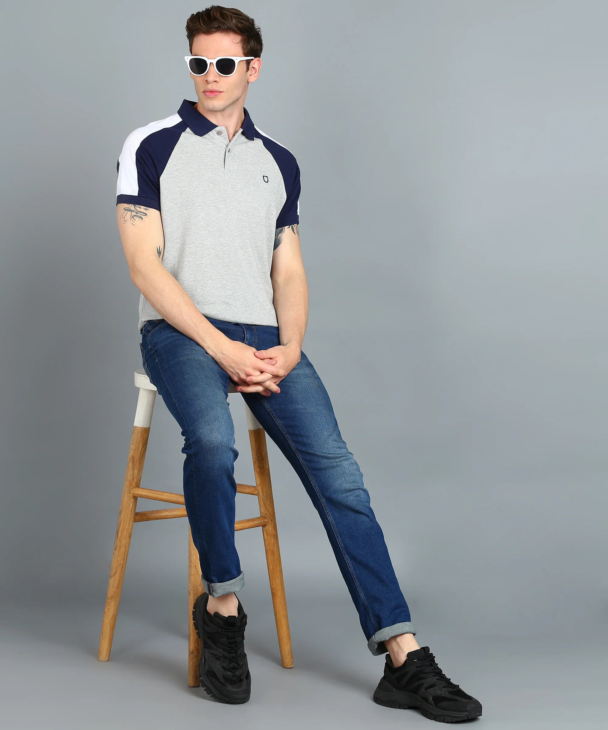 Men's Grey Melange, White, Navy Blue Colour-Block Slim Fit Half Sleeve Cotton Polo T-Shirt - Image 4