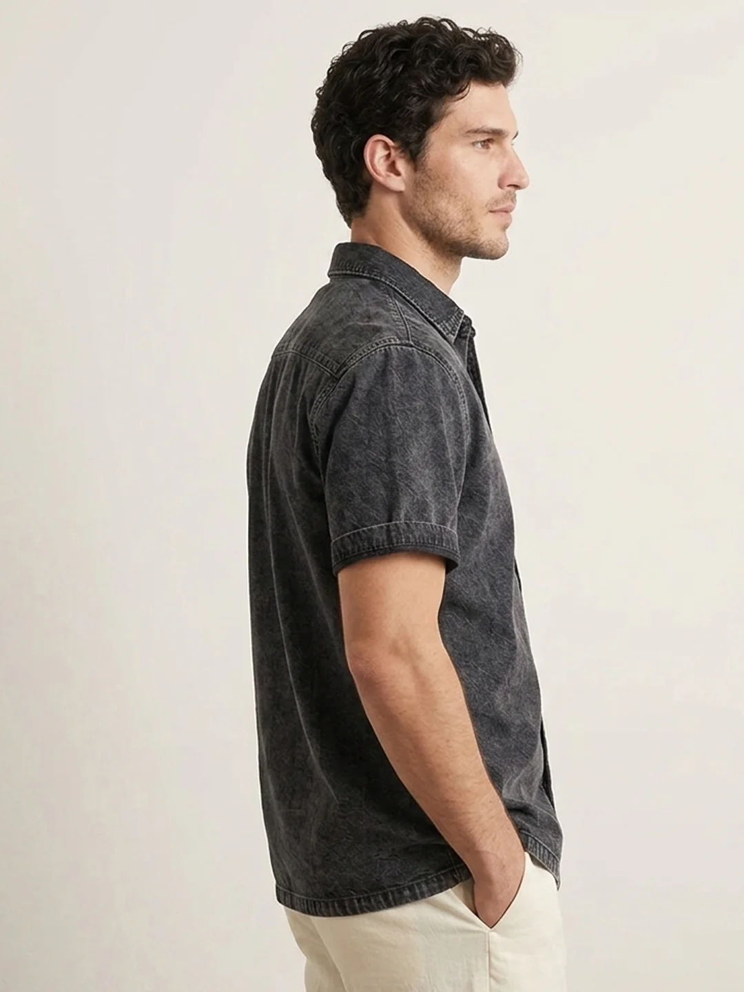 Men's Grey Oversized Fit Half Sleeve Solid Casual Denim Shirt - Image 2