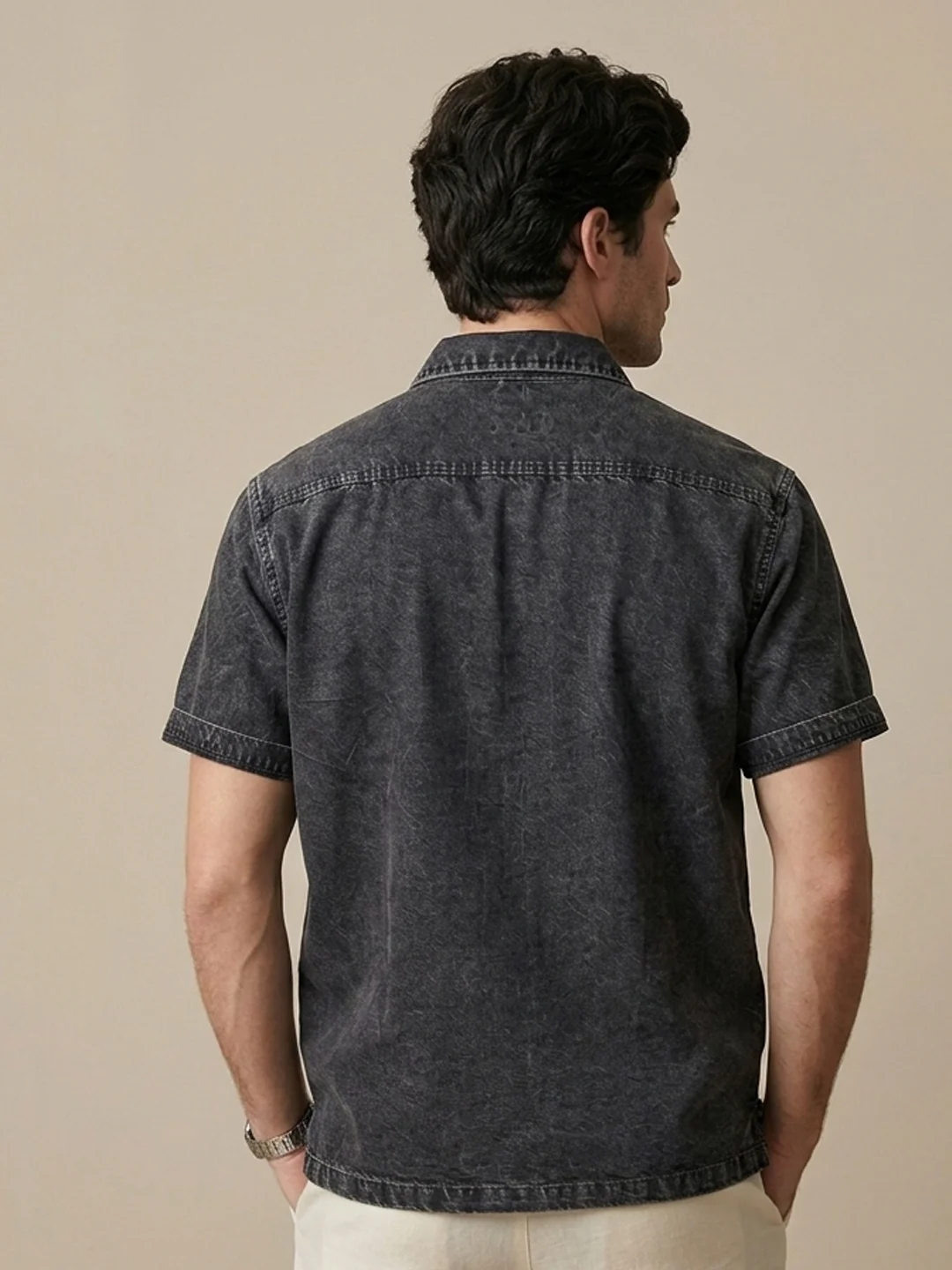 Men's Grey Oversized Fit Half Sleeve Solid Casual Denim Shirt - Image 3