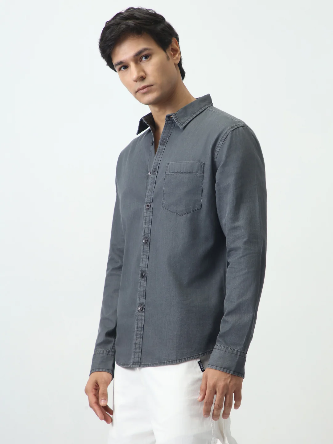 Men's Grey Regular Fit Full Sleeve Solid Denim Shirt - Image 2