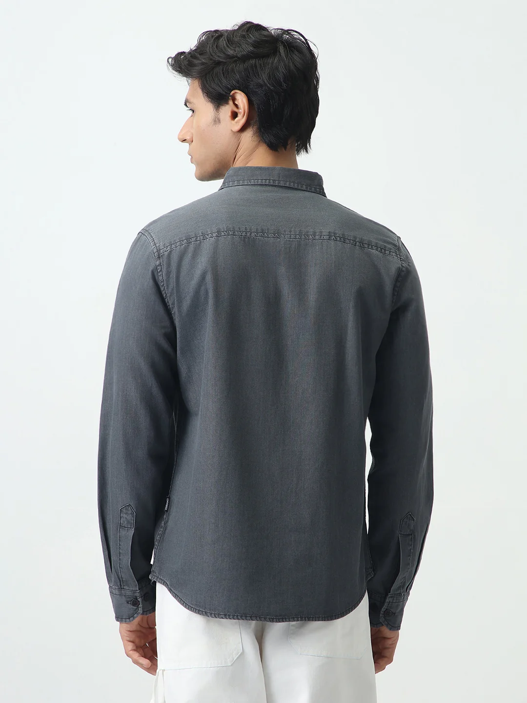 Men's Grey Regular Fit Full Sleeve Solid Denim Shirt - Image 3