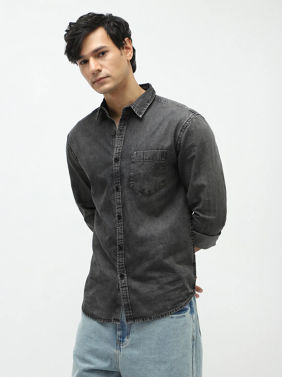 Men's Grey Regular Fit Full Sleeve Washed Denim Shirt - Image 2