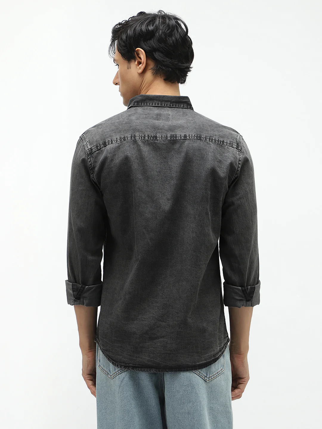 Men's Grey Regular Fit Full Sleeve Washed Denim Shirt - Image 3