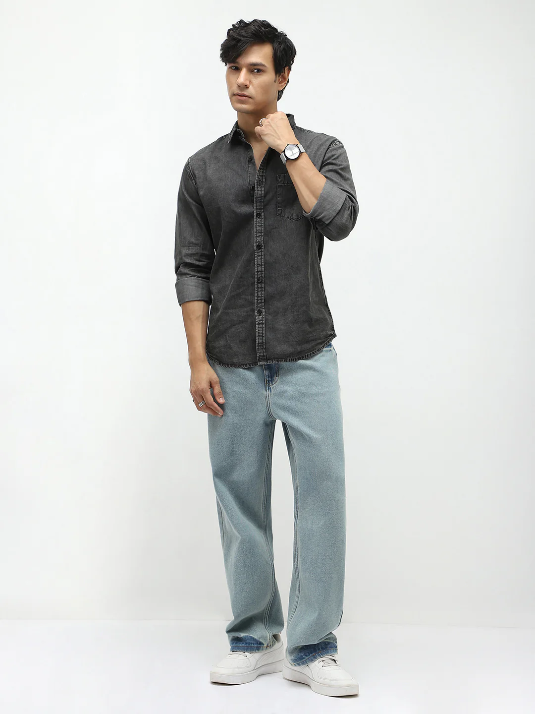 Men's Grey Regular Fit Full Sleeve Washed Denim Shirt - Image 4