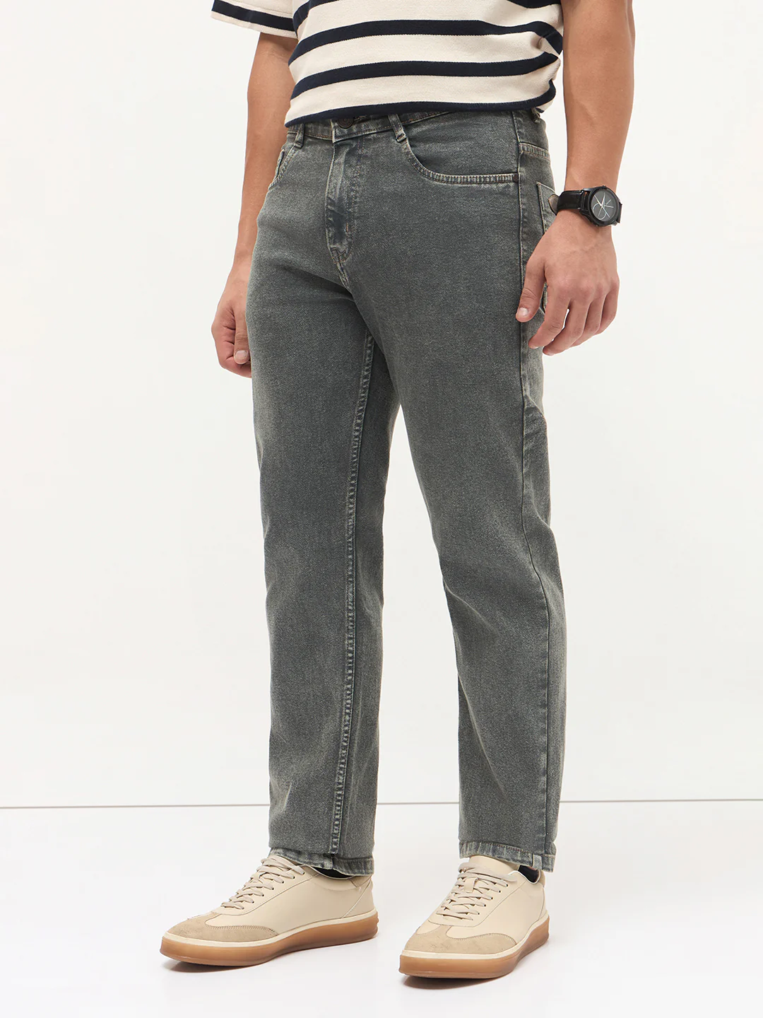 Men's Grey Regular Fit Towel Washed Yellow Tint Denim Jeans Stretchable - Image 3