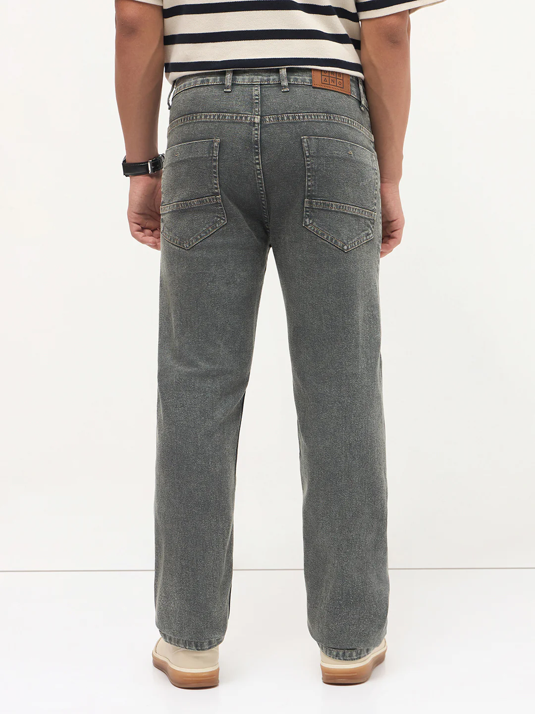 Men's Grey Regular Fit Towel Washed Yellow Tint Denim Jeans Stretchable - Image 4
