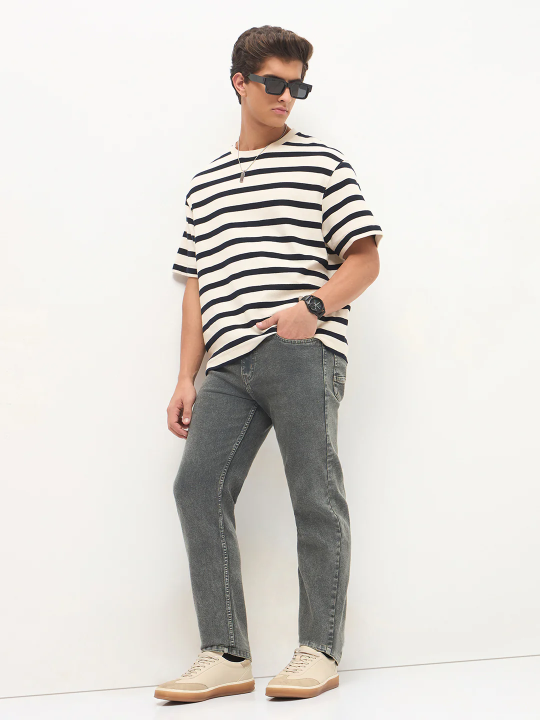 Men's Grey Regular Fit Towel Washed Yellow Tint Denim Jeans Stretchable - Image 5