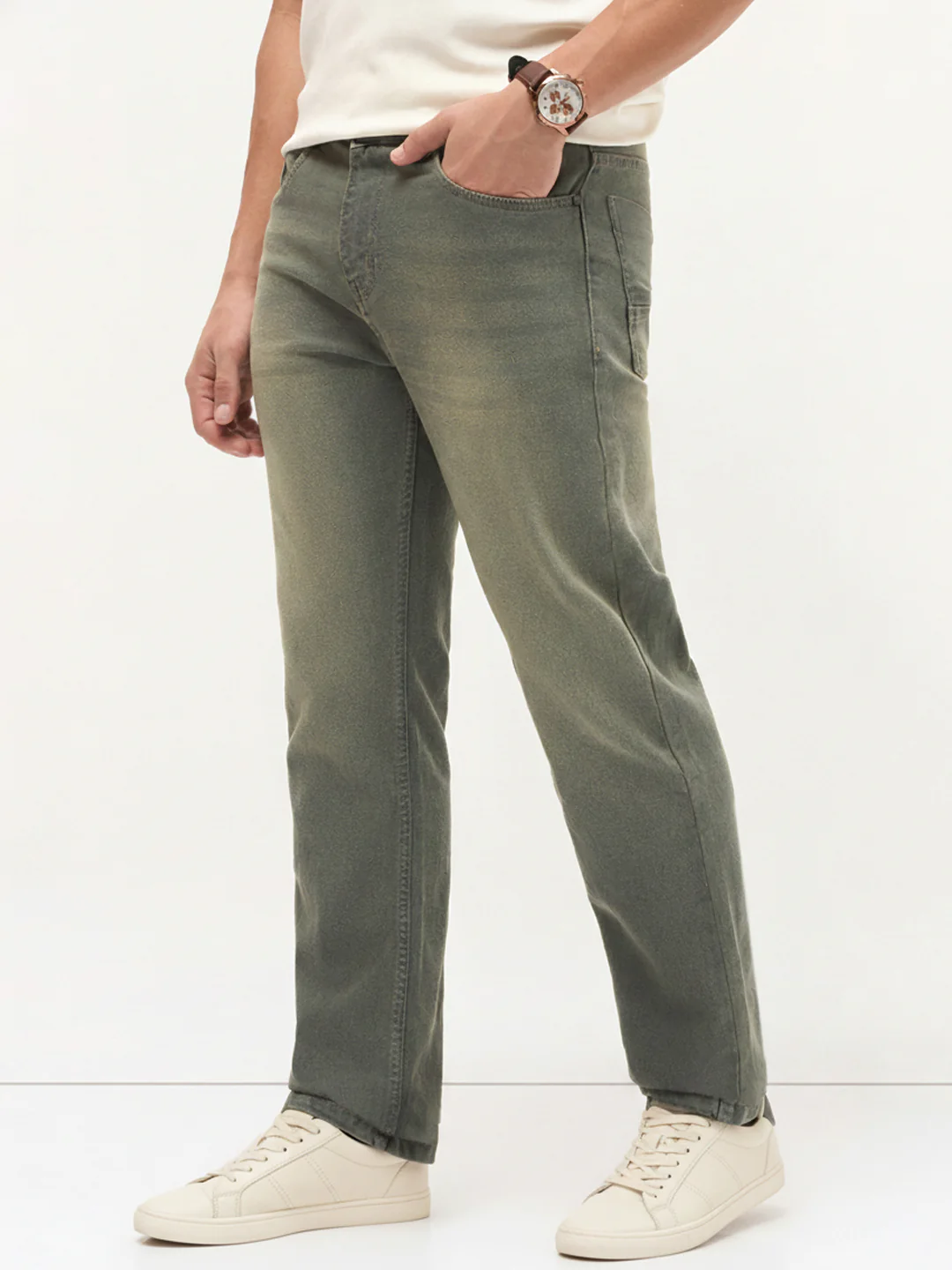 Men's Grey Regular Fit Whisker Wash Yellow Tint Denim Jeans Stretchable - Image 3