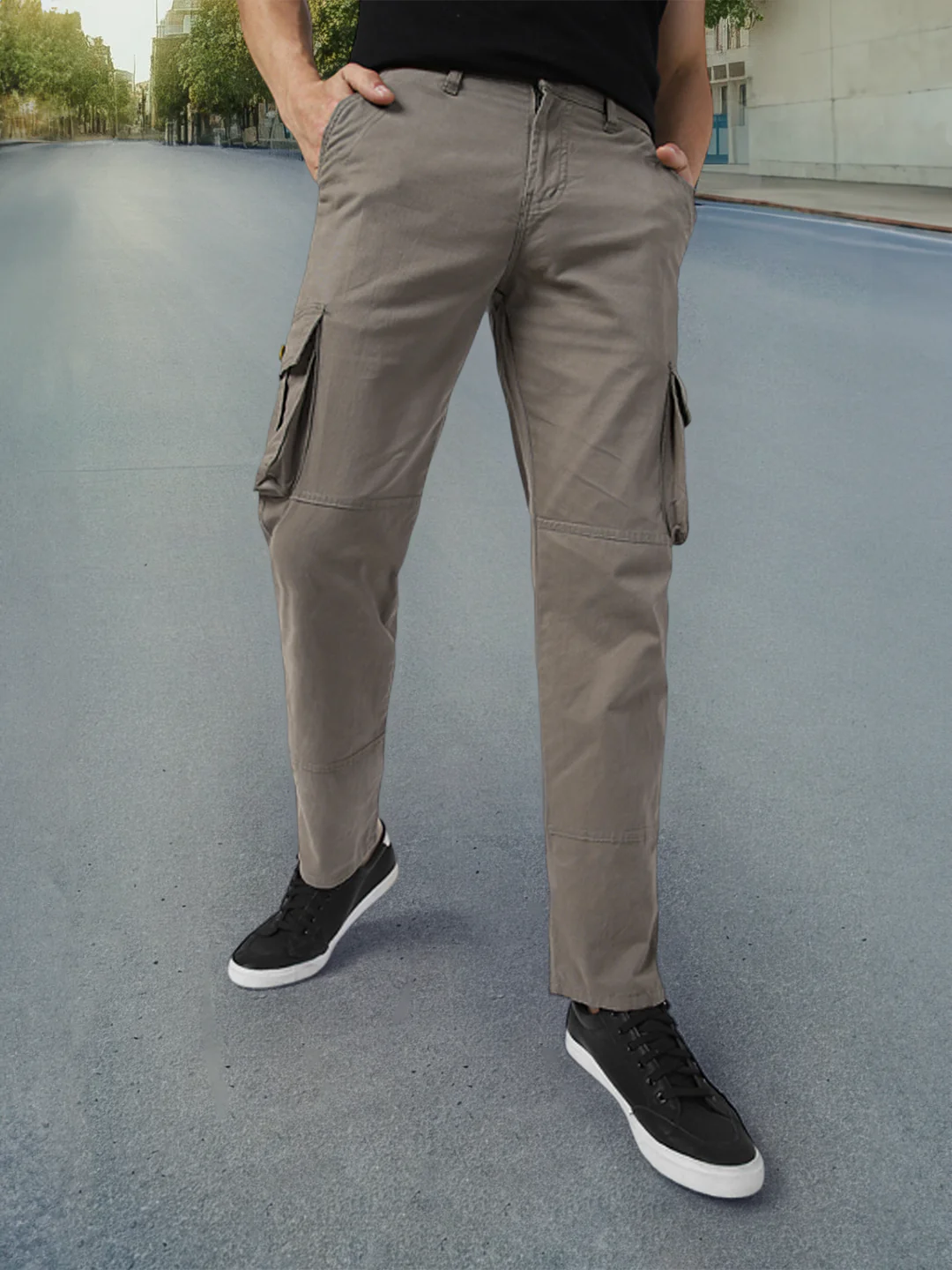 Men's Grey Regular Fit Solid Cargo Chino Pant with 6 Pockets - Image 2
