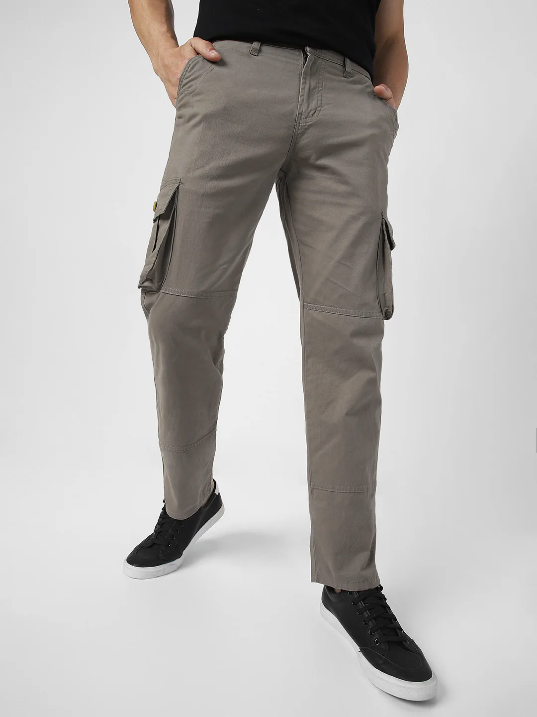 Men's Grey Regular Fit Solid Cargo Chino Pant with 6 Pockets - Image 3