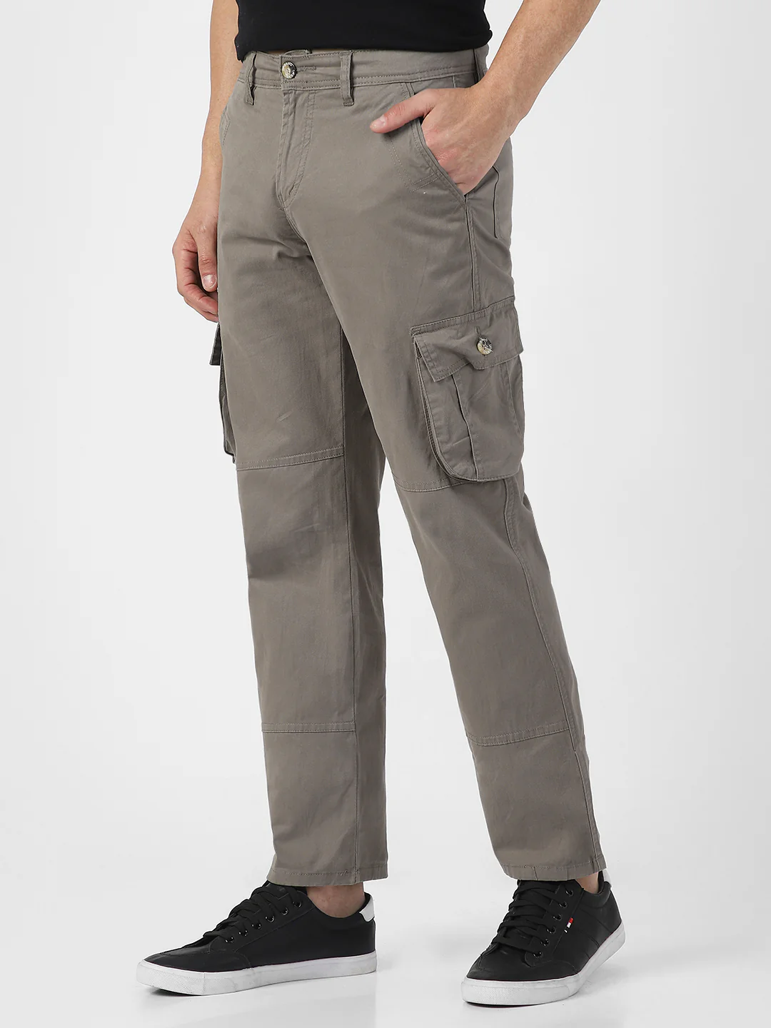 Men's Grey Regular Fit Solid Cargo Chino Pant with 6 Pockets - Image 4