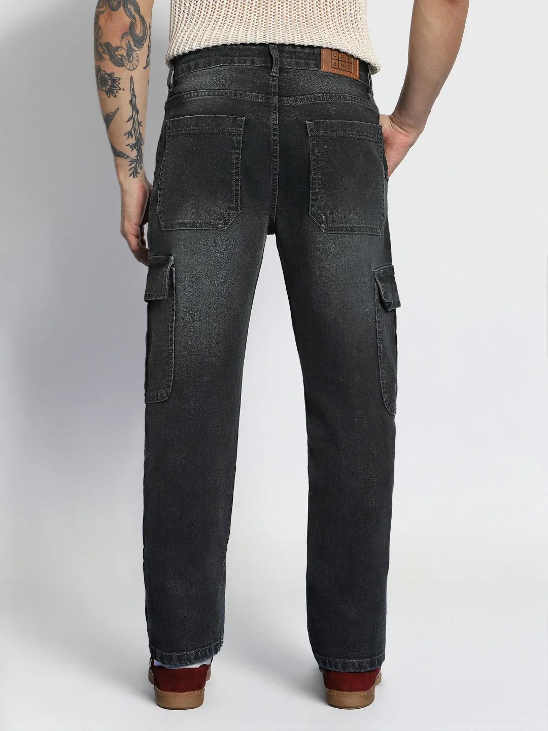 Men's Grey Regular Fit Washed Cargo Jeans With 6 Pockets Stretchable - Image 3