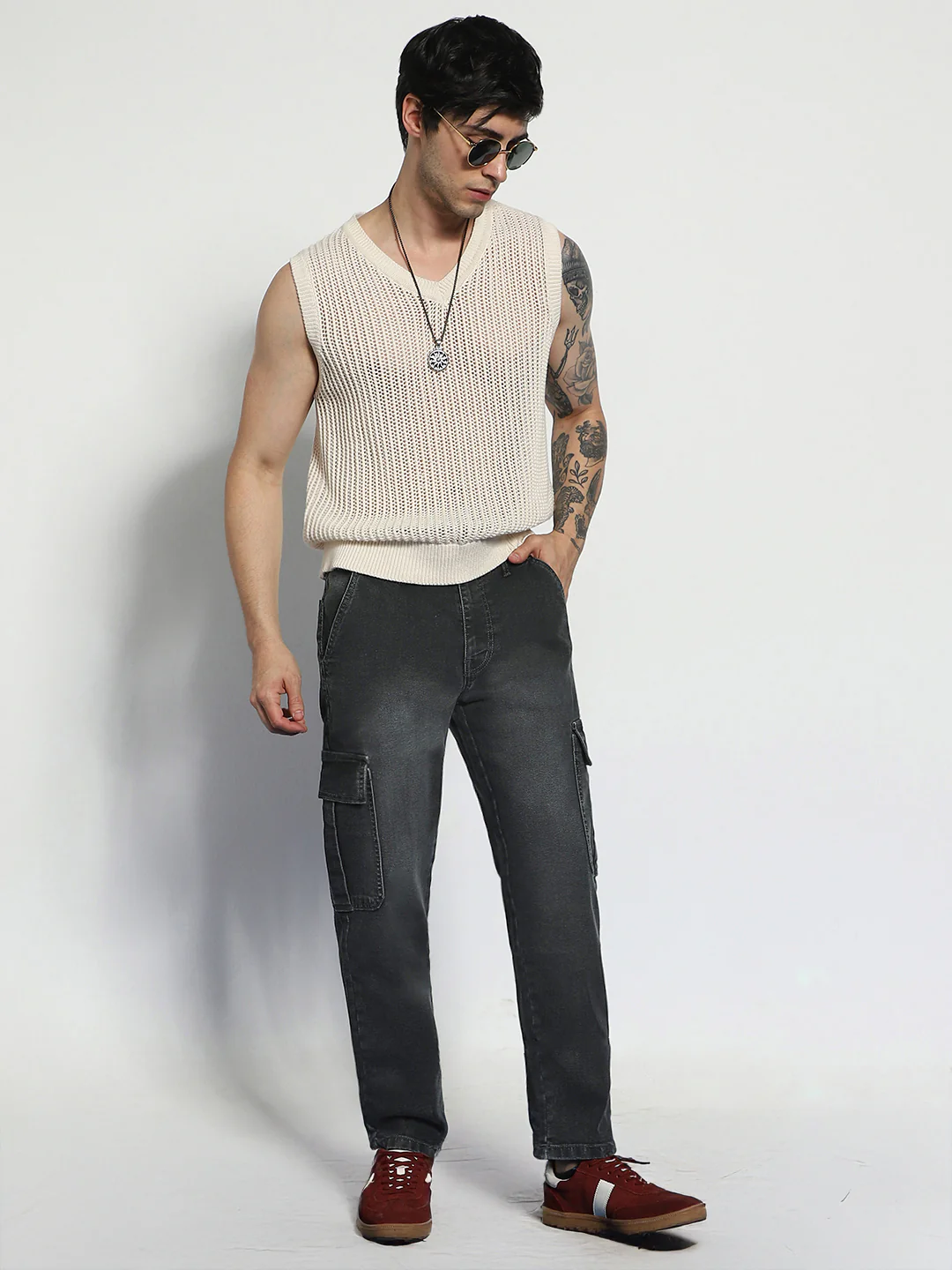 Men's Grey Regular Fit Washed Cargo Jeans With 6 Pockets Stretchable - Image 4
