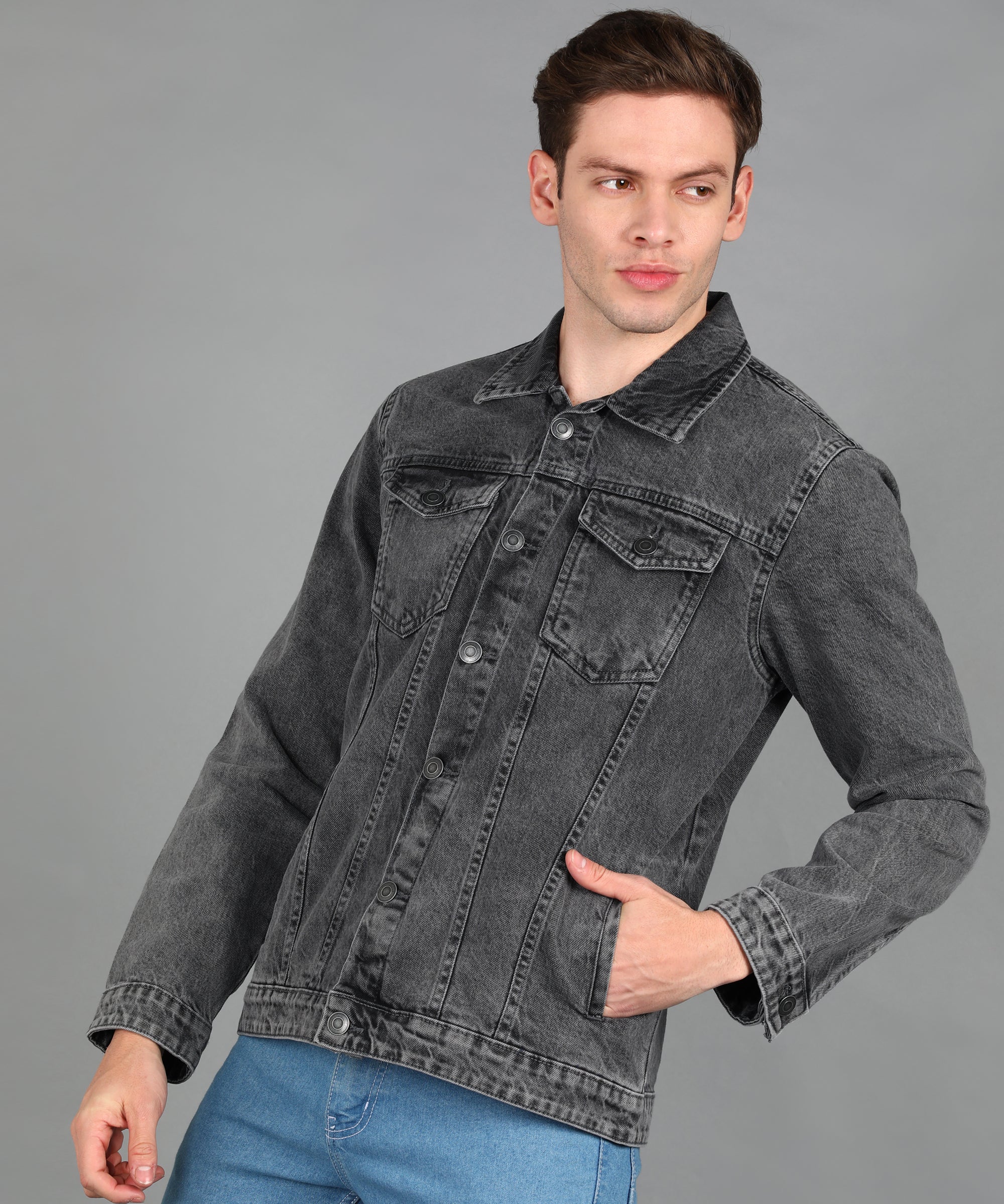 Men's Grey Regular Fit Washed Full Sleeve Denim Jacket - Image 3