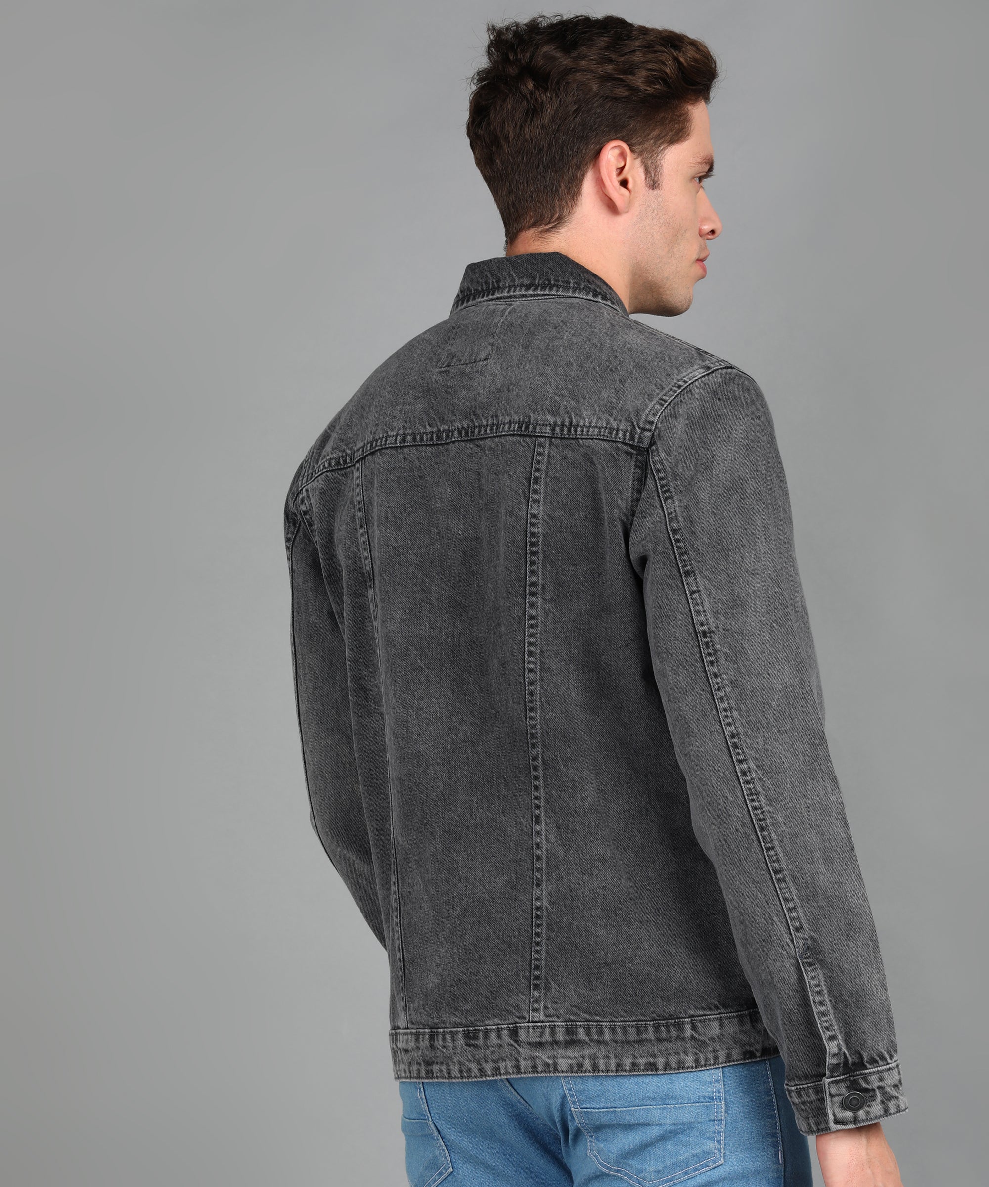 Men's Grey Regular Fit Washed Full Sleeve Denim Jacket - Image 4