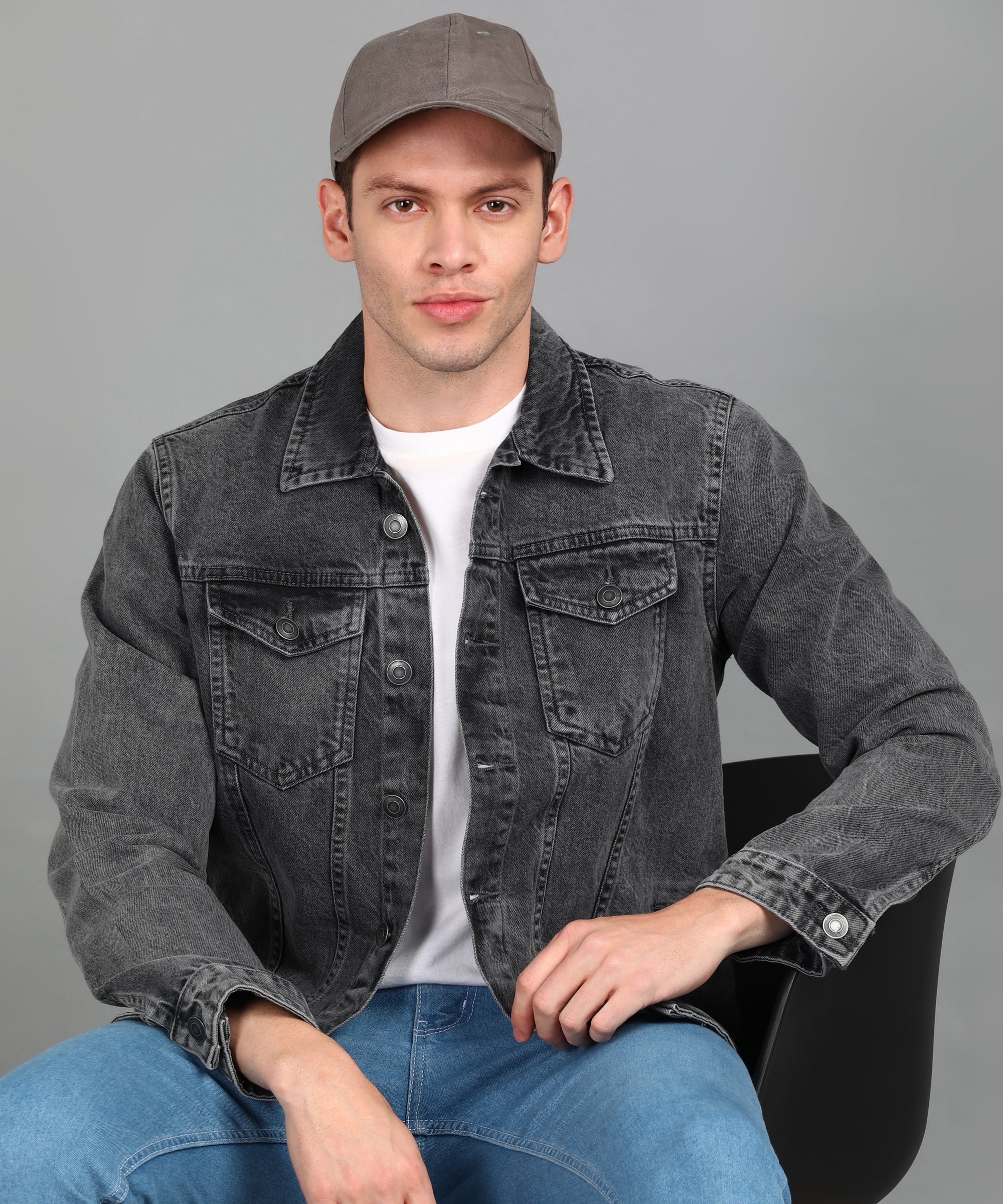 Men's Grey Regular Fit Washed Full Sleeve Denim Jacket - Image 6