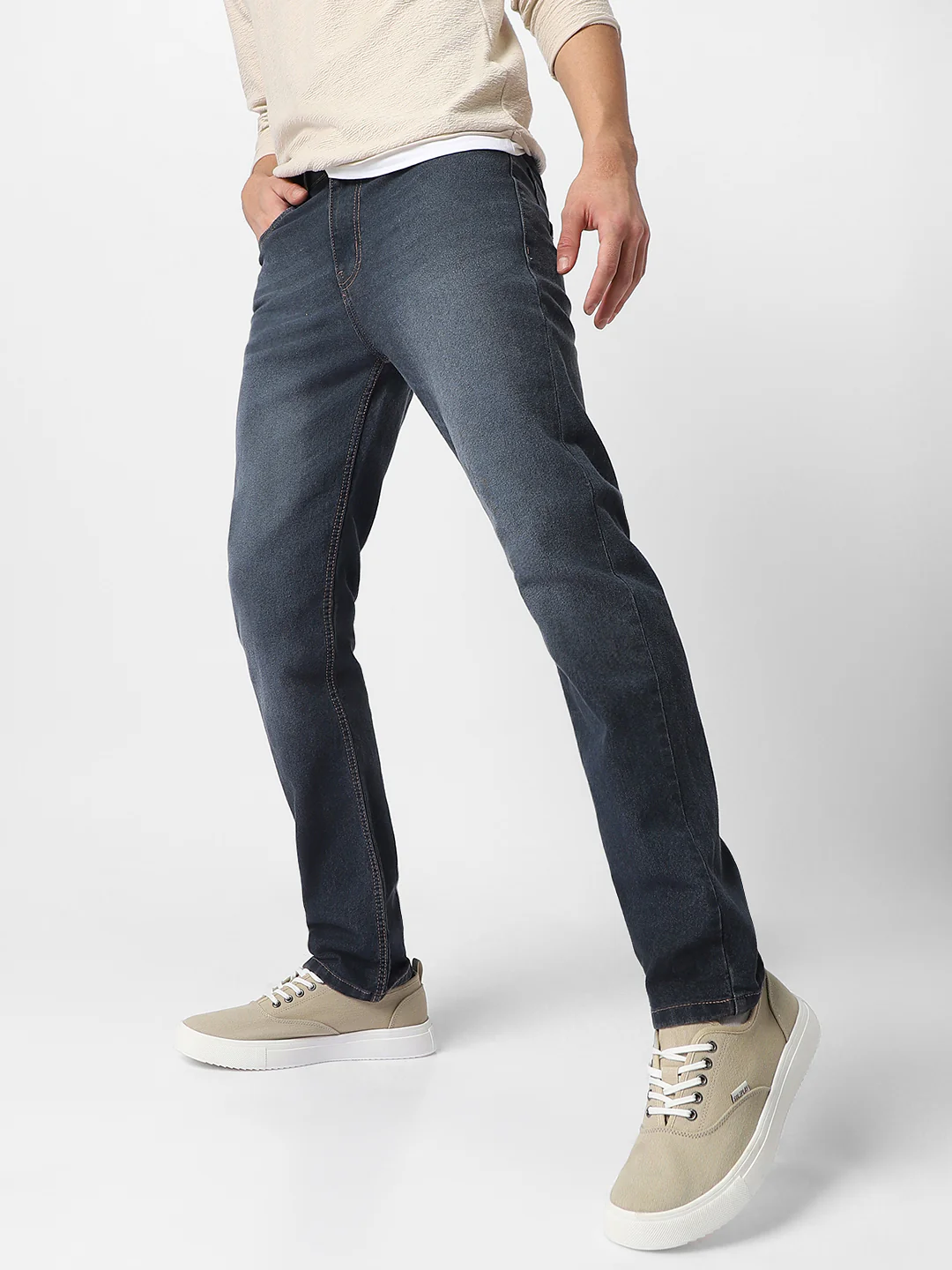 Men's Grey Regular Fit Washed Jeans Stretchable - Image 2