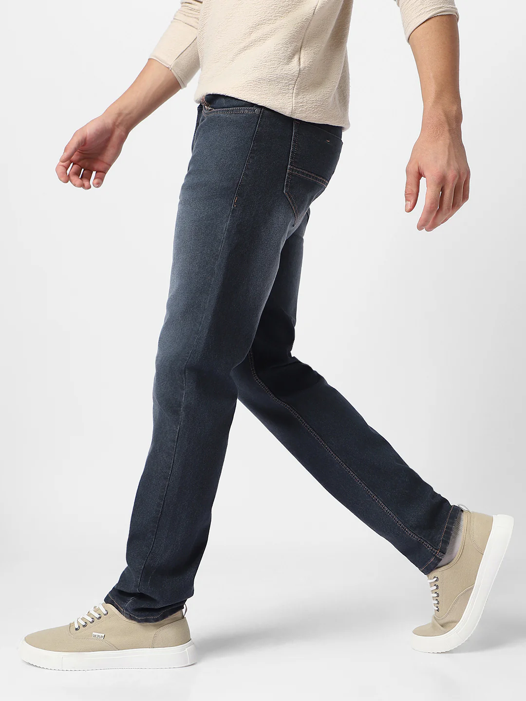 Men's Grey Regular Fit Washed Jeans Stretchable - Image 3