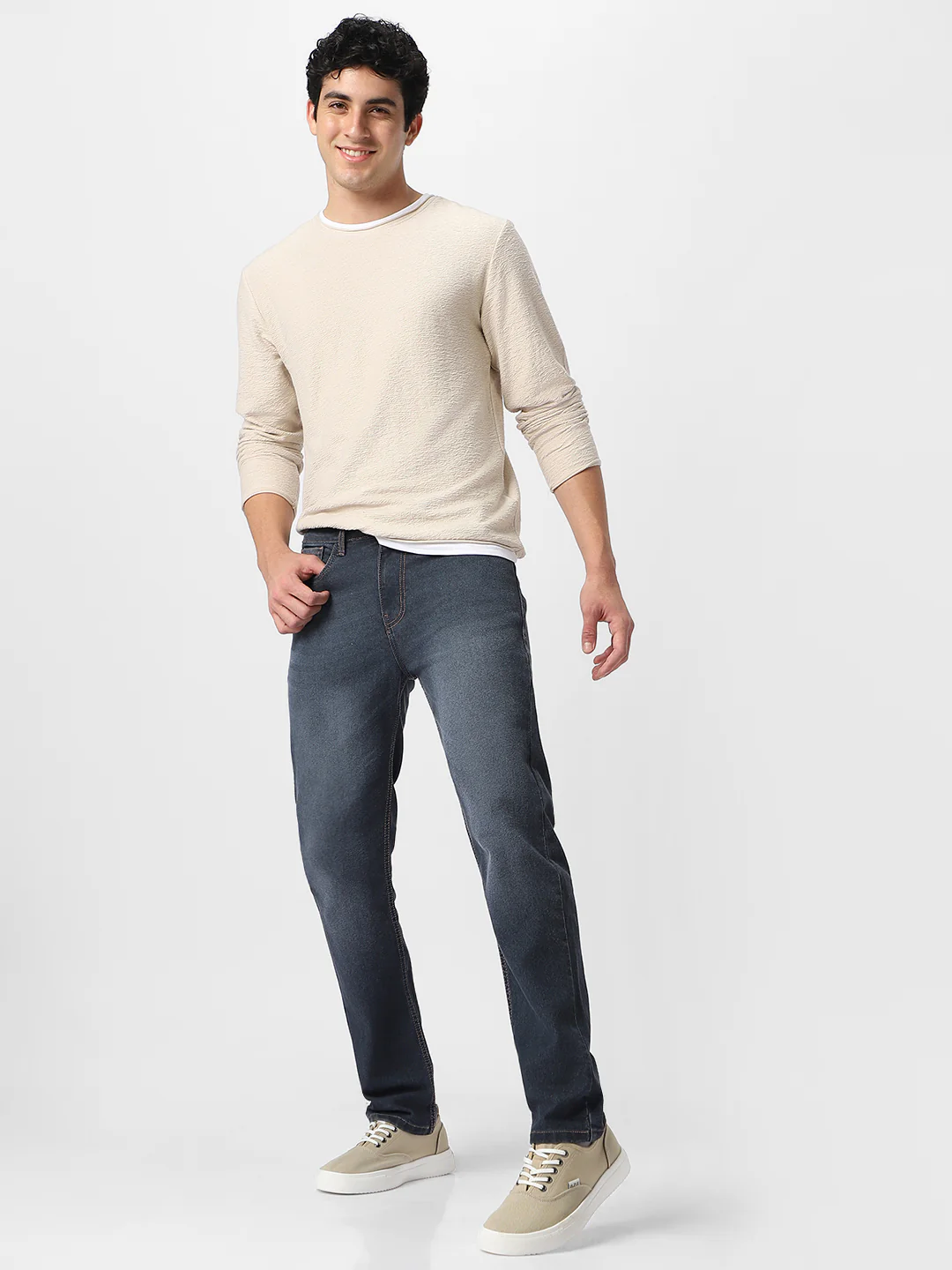 Men's Grey Regular Fit Washed Jeans Stretchable - Image 5