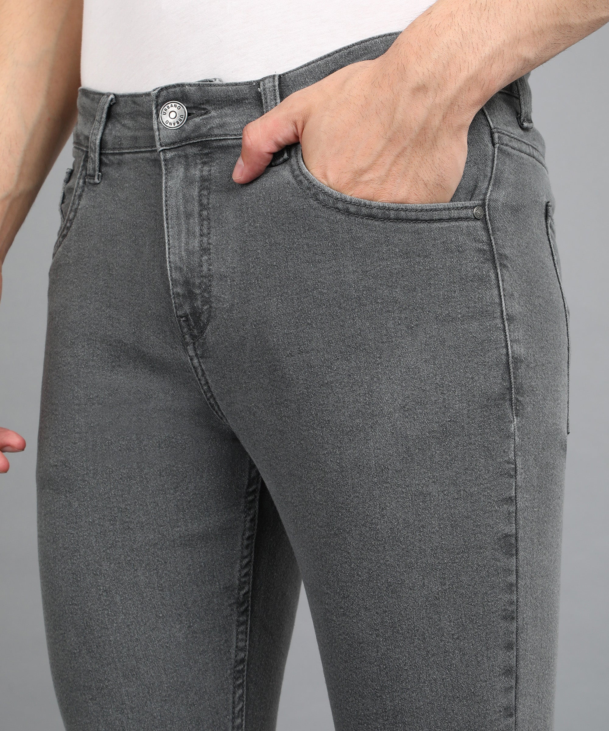 Men's Grey Regular Fit Washed Jeans Stretchable - Image 5